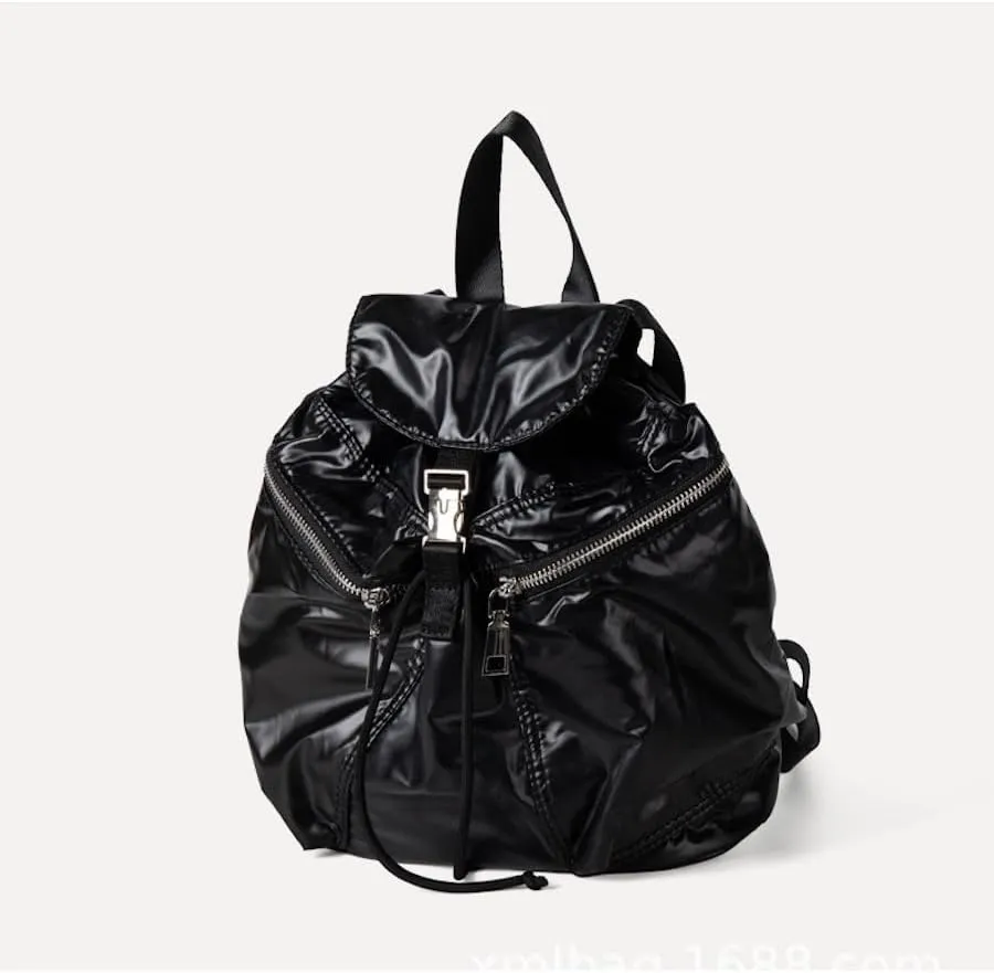 Glossy Leather Coquette Backpack Purse Women Solid Drawstring Bucket Backpack Y2K Stuff Balletcore Casual Daypack (Black)