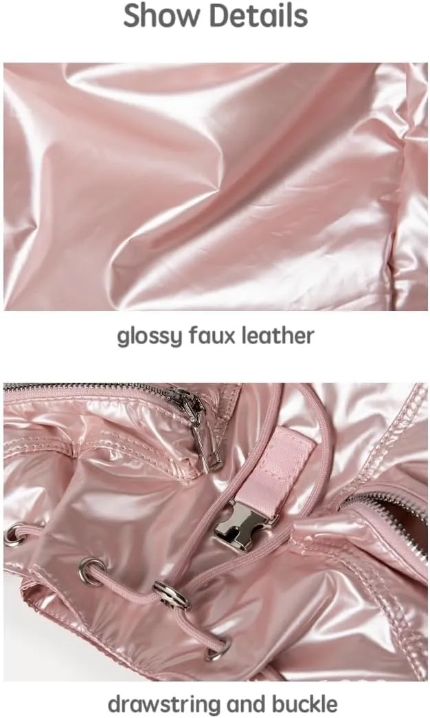 Glossy Leather Coquette Backpack Purse Women Solid Drawstring Bucket Backpack Y2K Stuff Balletcore Casual Daypack (White)
