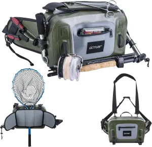 Goture Waterproof Fishing Waist Pack,IPX8 840D TPU Large Fishing Tackle Bag with Rod Holder,Airtight Zipper Closure,9L Fly Fishing Bag with Adjustable Strap,Sling Fishing Waist Bag,Fishing Fanny Pack
