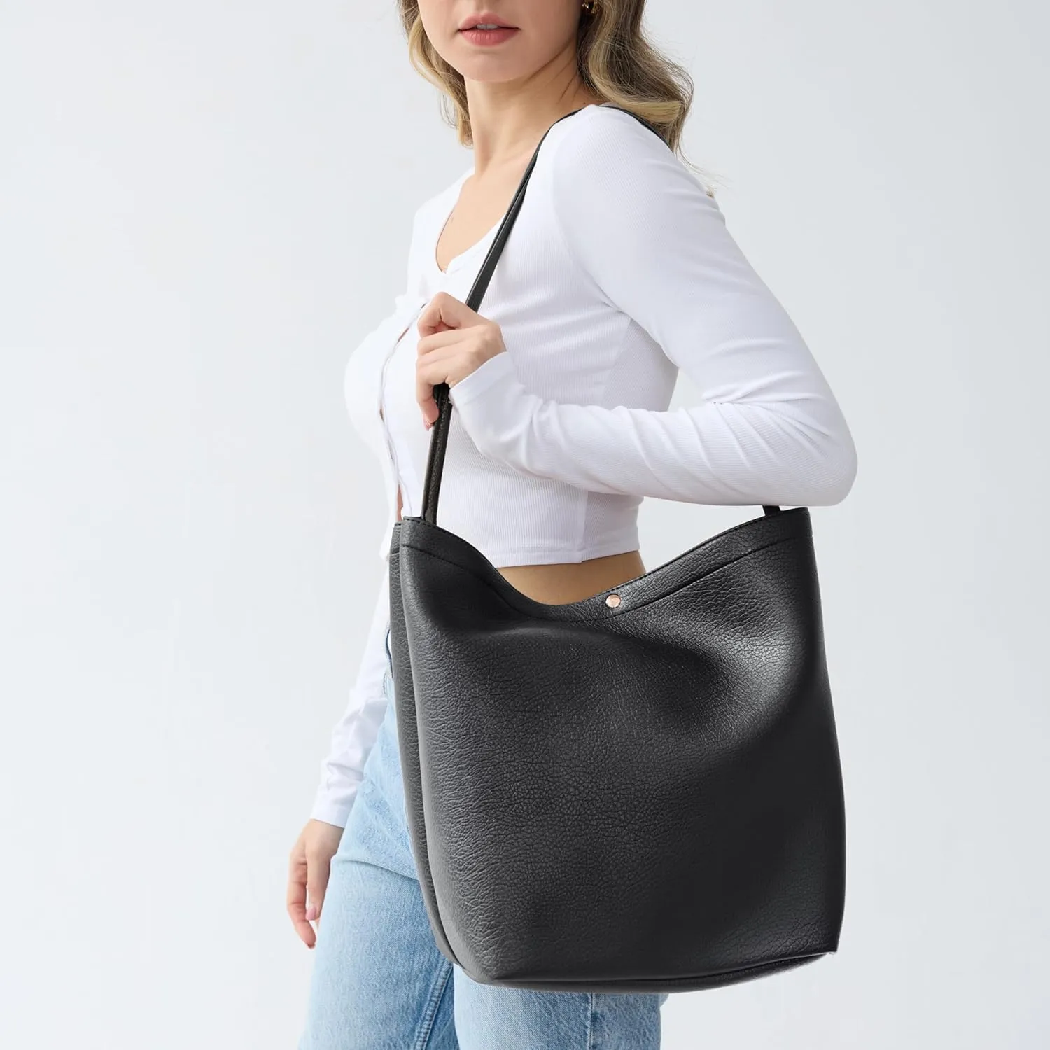 Hobo Bags for Women Vegan Leather Bucket Bags Minimalist Shoulder Handbag