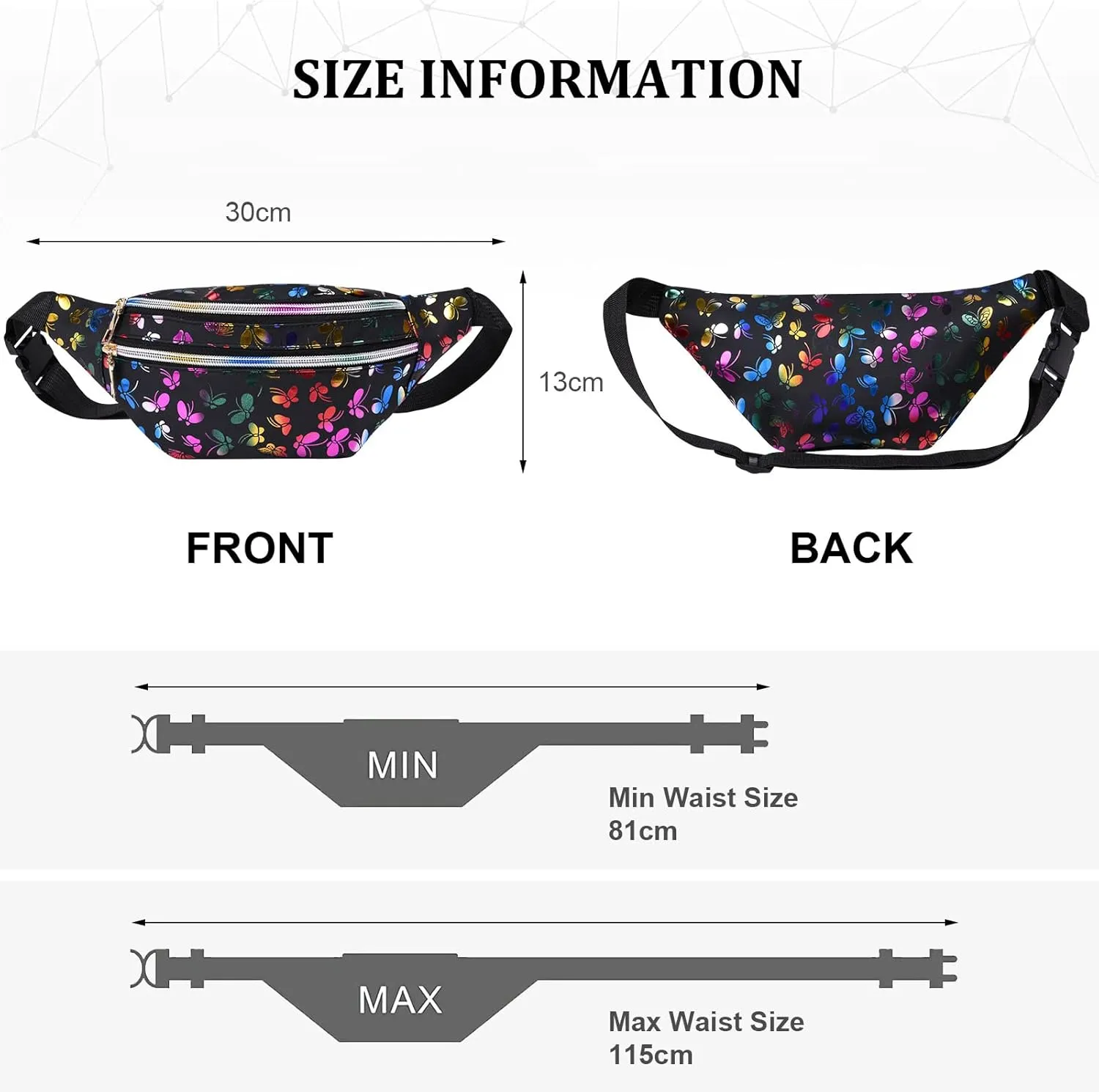 Holographic Fanny Pack for Women, Fashion Water Resistant Waist Bag, with Adjustable Belt & Multi-Pockets, Sport Casual Waist Pack for Travel, Hiking, Party, Daily Use - Black