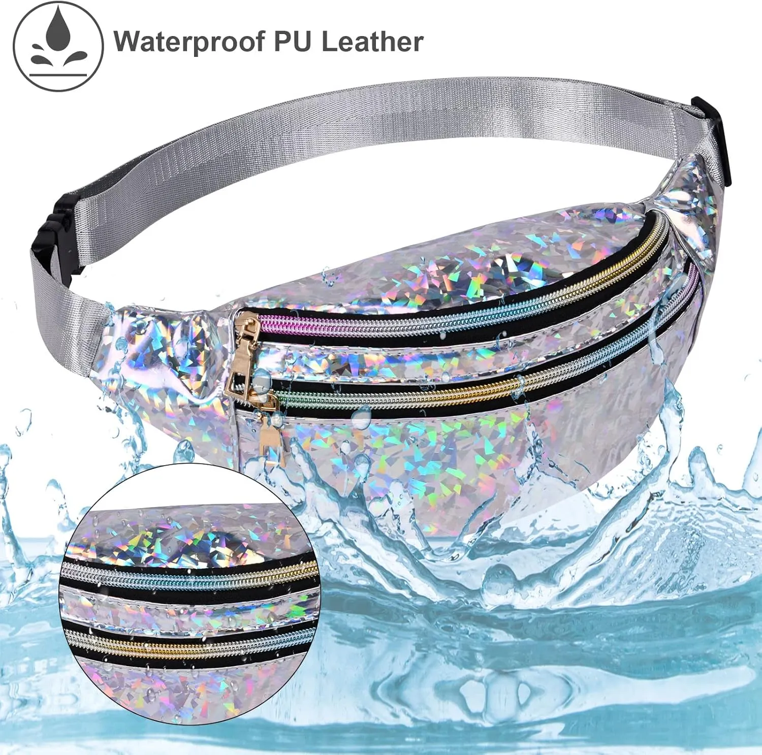 Holographic Fanny Pack for Women, Fashion Water Resistant Waist Bag, with Adjustable Belt & Multi-Pockets, Sport Casual Waist Pack for Travel, Hiking, Party, Daily Use (Shiny Silver)