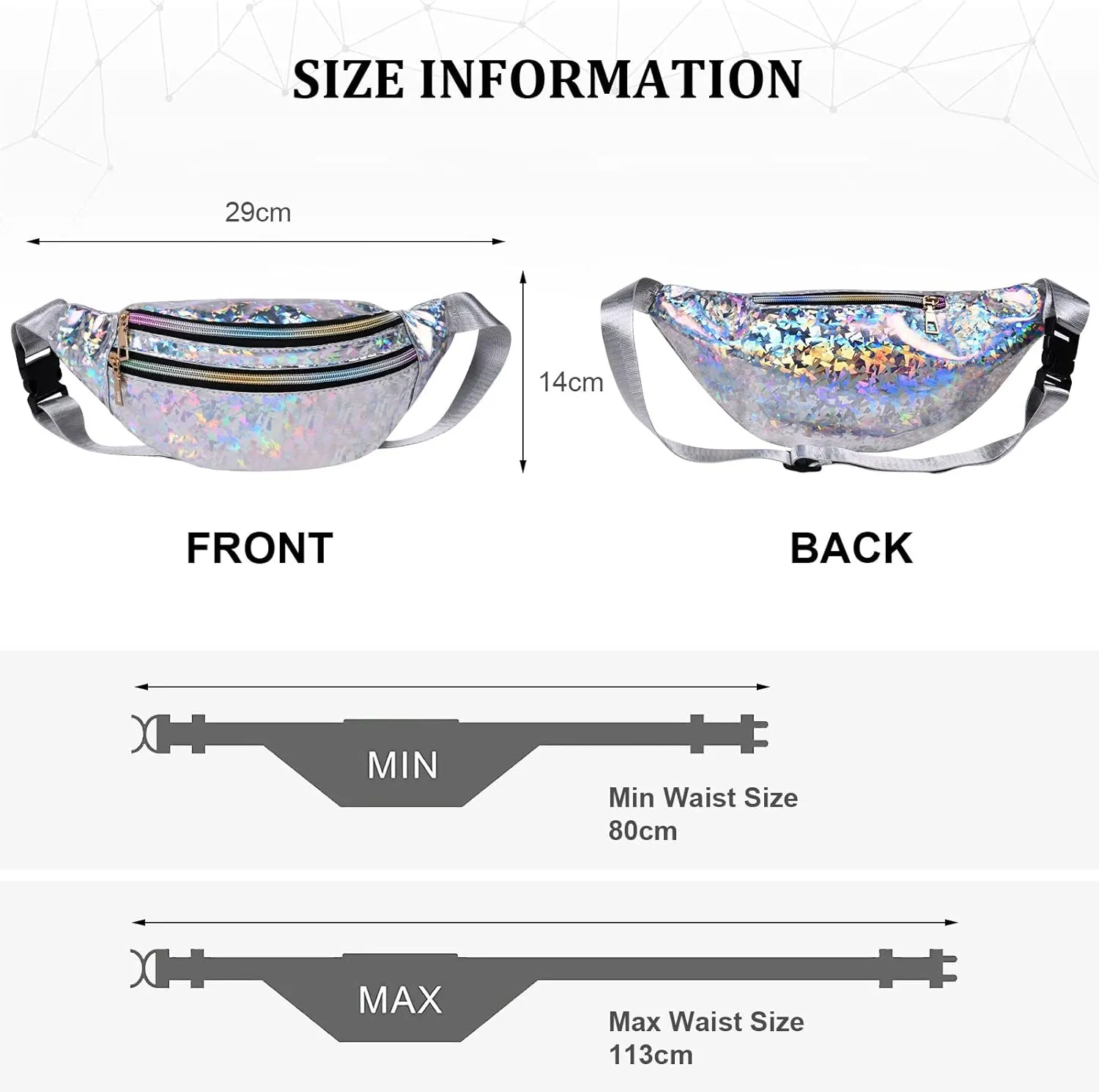 Holographic Fanny Pack for Women, Fashion Water Resistant Waist Bag, with Adjustable Belt & Multi-Pockets, Sport Casual Waist Pack for Travel, Hiking, Party, Daily Use (Shiny Silver)