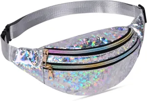 Holographic Fanny Pack for Women, Fashion Water Resistant Waist Bag, with Adjustable Belt & Multi-Pockets, Sport Casual Waist Pack for Travel, Hiking, Party, Daily Use (Shiny Silver)