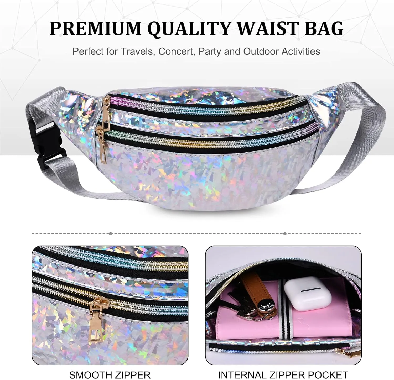 Holographic Fanny Pack for Women, Fashion Water Resistant Waist Bag, with Adjustable Belt & Multi-Pockets, Sport Casual Waist Pack for Travel, Hiking, Party, Daily Use (Shiny Silver)