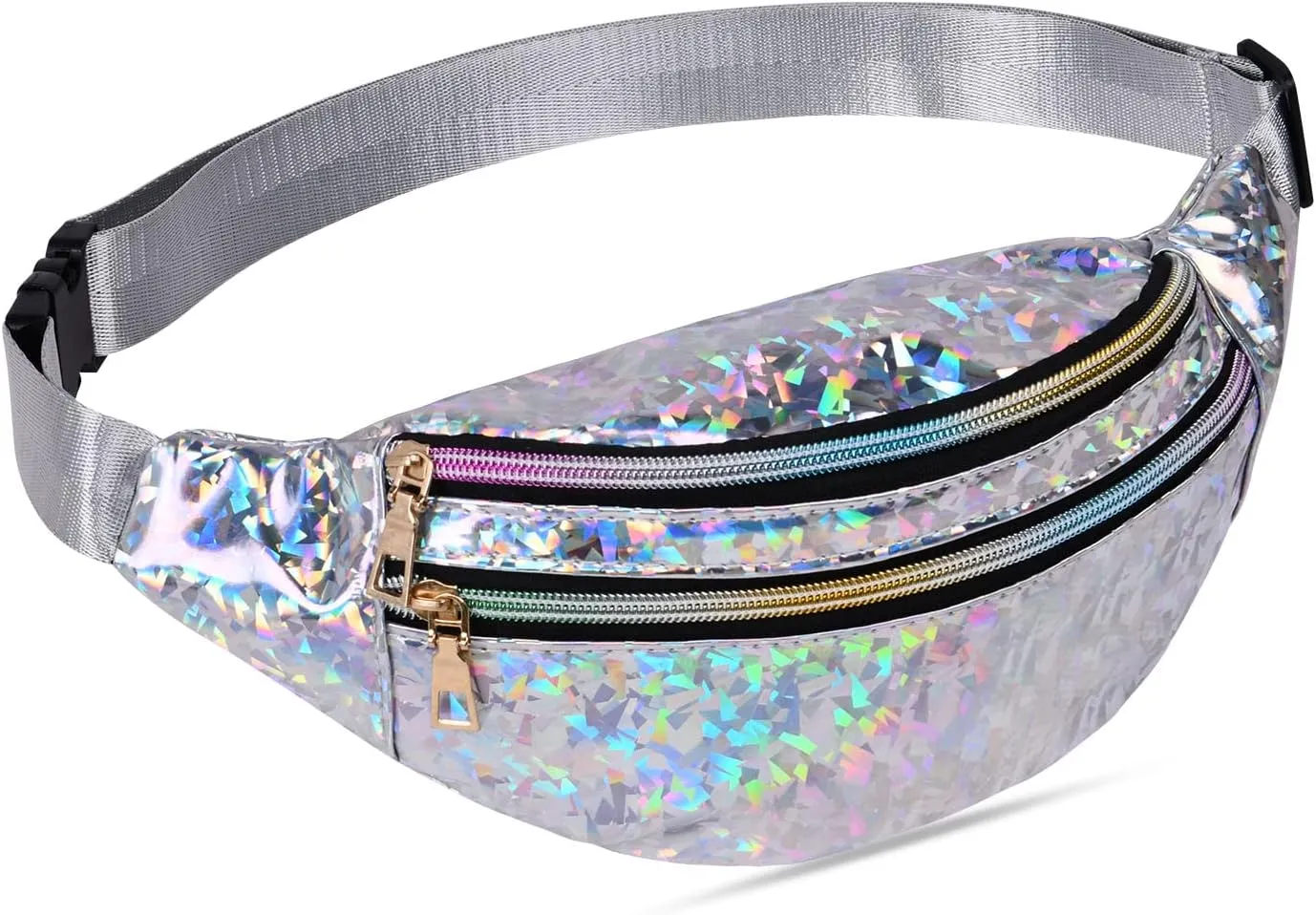 Holographic Fanny Pack for Women, Fashion Water Resistant Waist Bag, with Adjustable Belt & Multi-Pockets, Sport Casual Waist Pack for Travel, Hiking, Party, Daily Use (Shiny Silver)