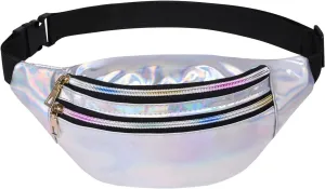 Holographic Fanny Pack for Women, Fashion Water Resistant Waist Bag, with Adjustable Belt & Multi-Pockets, Sport Casual Waist Pack for Travel, Hiking, Party, Daily Use -Silver