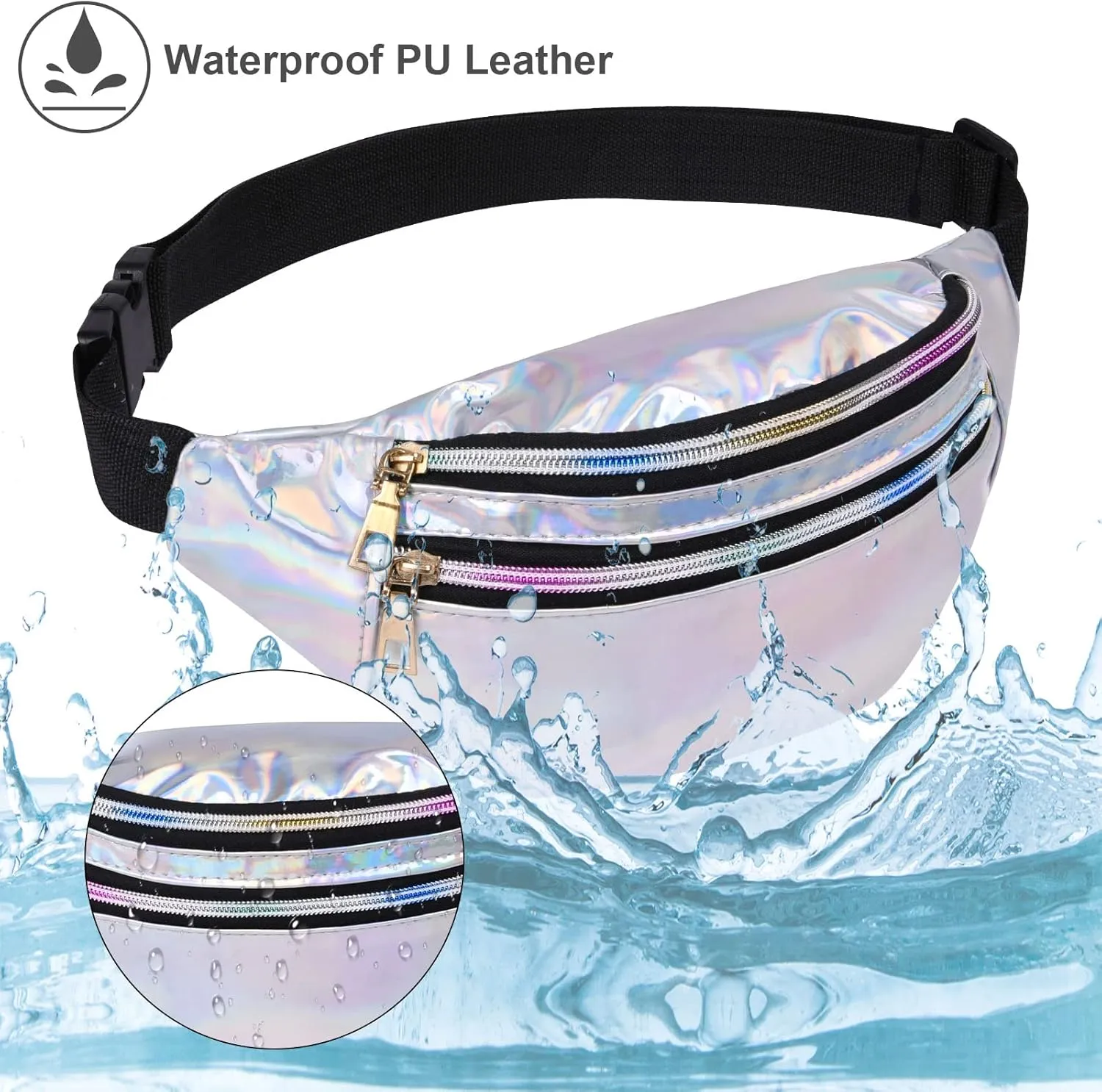 Holographic Fanny Pack for Women, Fashion Water Resistant Waist Bag, with Adjustable Belt & Multi-Pockets, Sport Casual Waist Pack for Travel, Hiking, Party, Daily Use -Silver