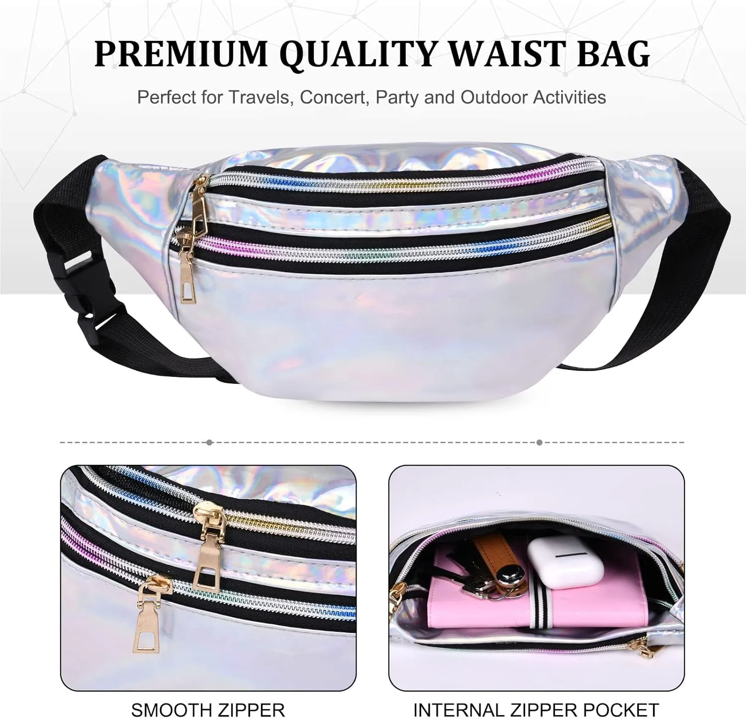Holographic Fanny Pack for Women, Fashion Water Resistant Waist Bag, with Adjustable Belt & Multi-Pockets, Sport Casual Waist Pack for Travel, Hiking, Party, Daily Use -Silver