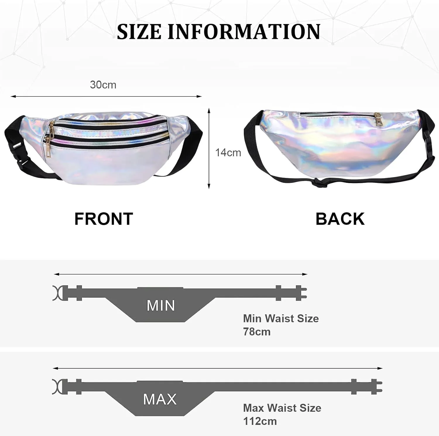 Holographic Fanny Pack for Women, Fashion Water Resistant Waist Bag, with Adjustable Belt & Multi-Pockets, Sport Casual Waist Pack for Travel, Hiking, Party, Daily Use -Silver