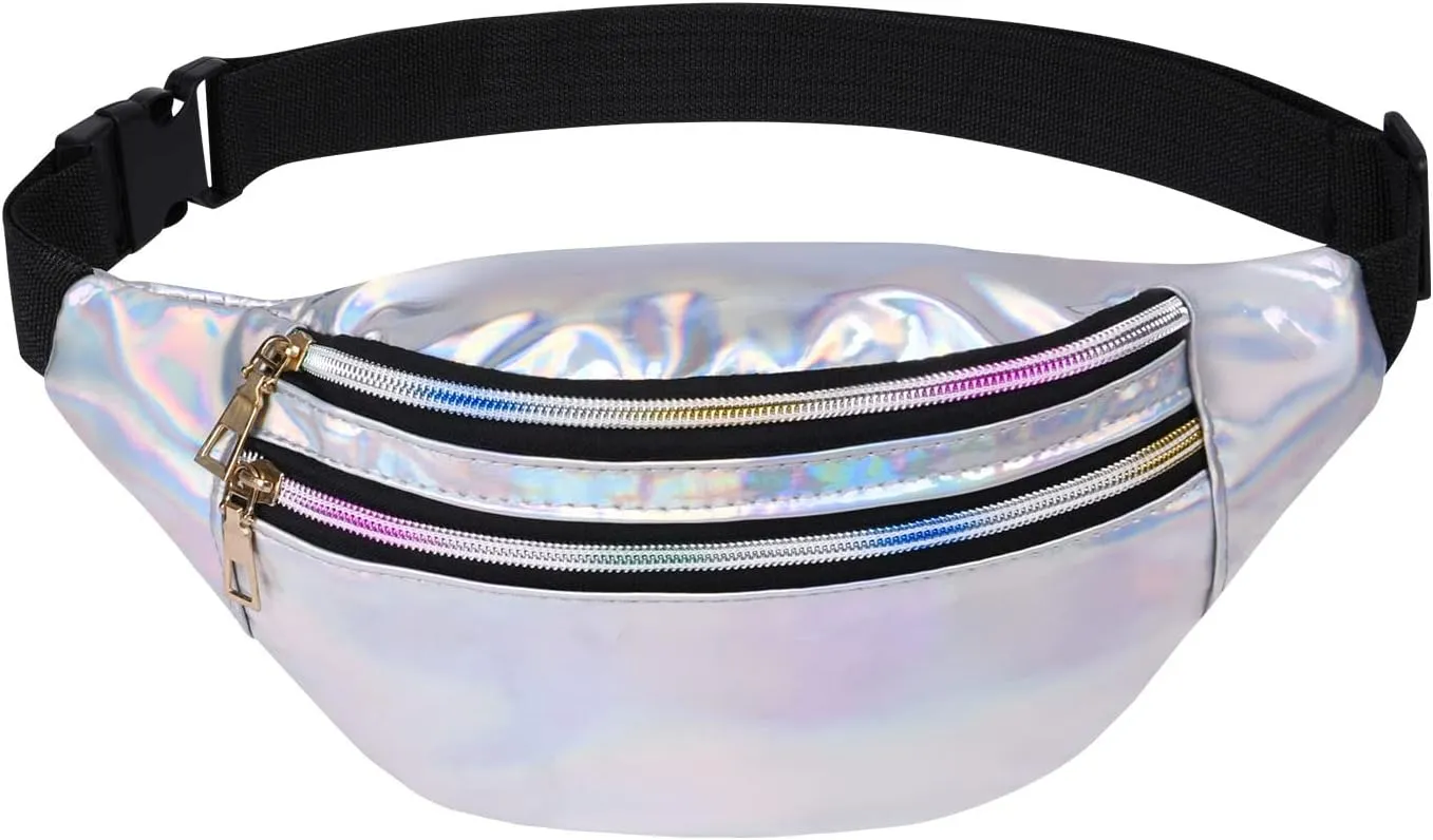 Holographic Fanny Pack for Women, Fashion Water Resistant Waist Bag, with Adjustable Belt & Multi-Pockets, Sport Casual Waist Pack for Travel, Hiking, Party, Daily Use -Silver