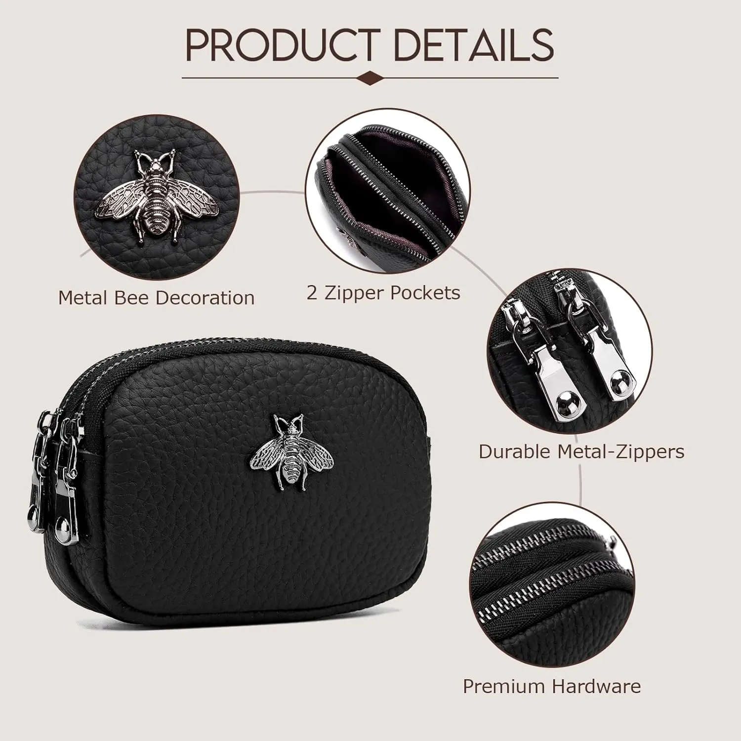 imeetu Women Leather Coin Purse, Small 2 Zippered Change Pouch Wallet