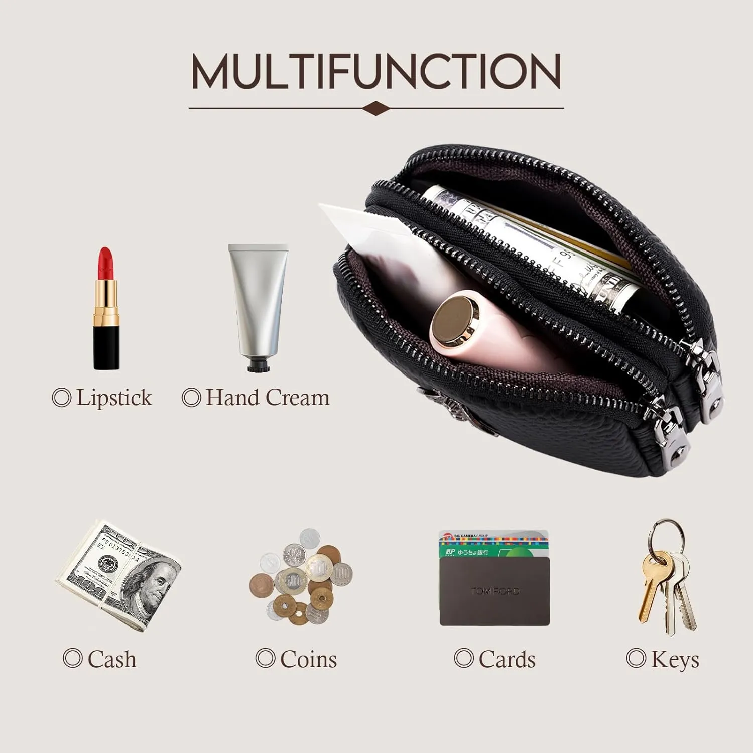 imeetu Women Leather Coin Purse, Small 2 Zippered Change Pouch Wallet