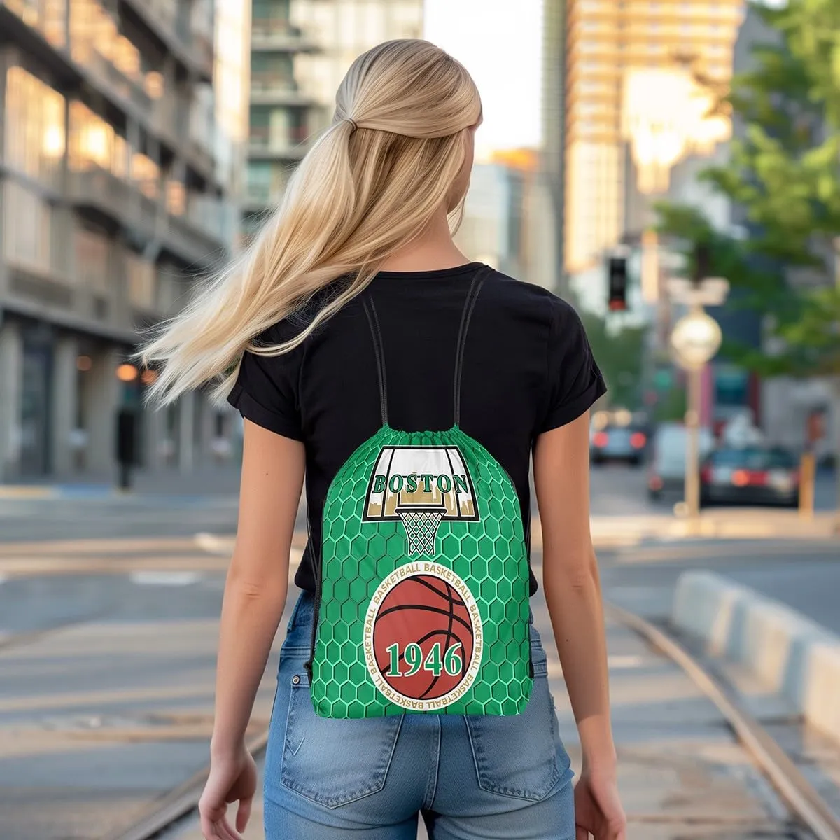 jejeloiu Basketball Sports Drawstring Sackpack 13"x15.7" Boston Drawstring Backpack Gifts for Basketball Fans Women Men Basketball City Drawstring Bags Gaming Sports Waterproof Cinch Bag Green Brown