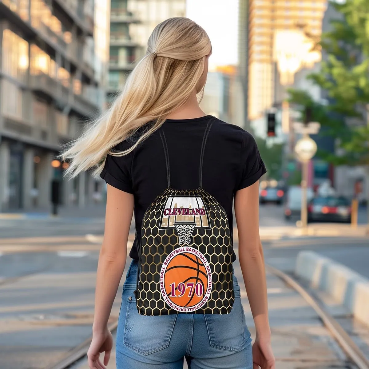 jejeloiu Basketball Sports Drawstring Sackpack 13"x15.7" Cleveland Drawstring Backpack Gifts for Basketball Fans Women Men Basketball City Drawstring Bags Gaming Sports Waterproof Cinch Bag Black Red