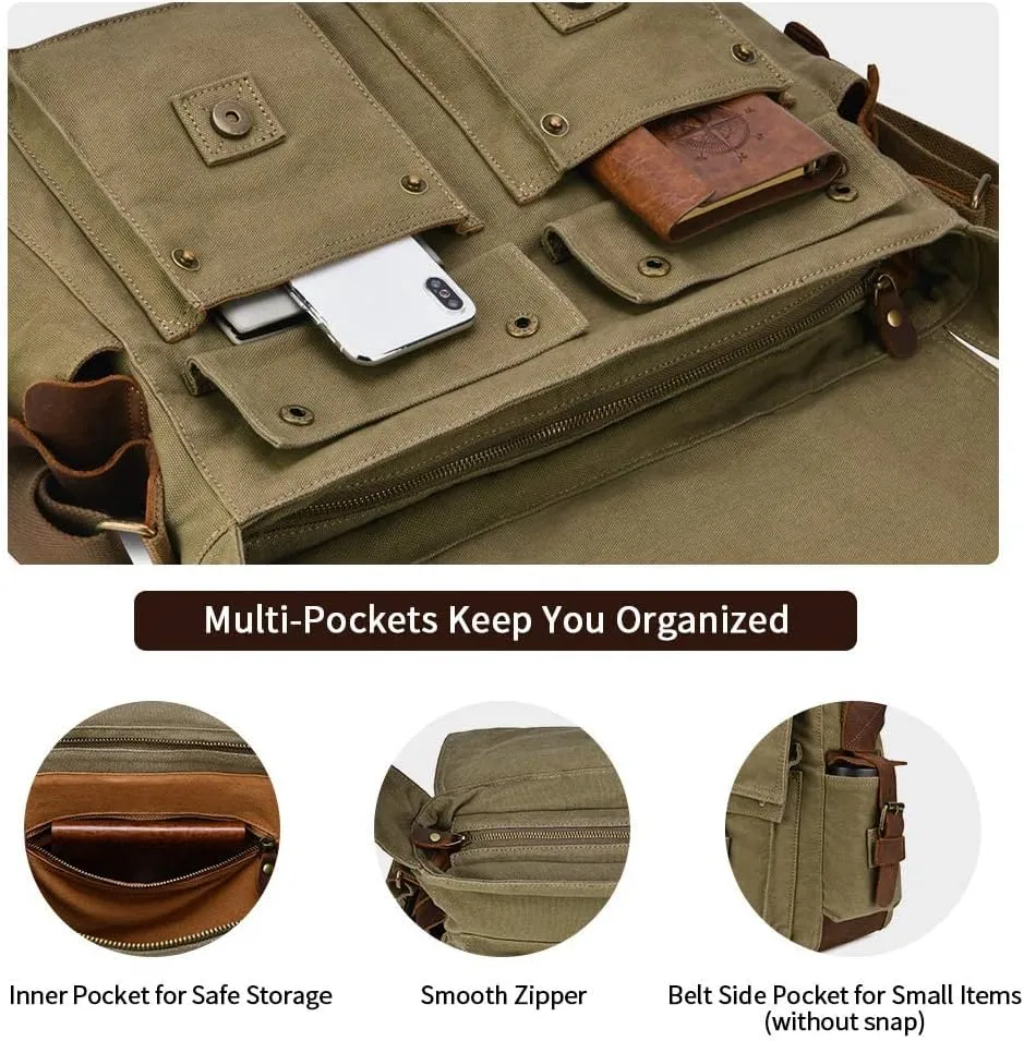 Kattee Military Messenger Bag Canvas Leather Shoulder Bag Fits 14.7/15.6 Inch Laptop