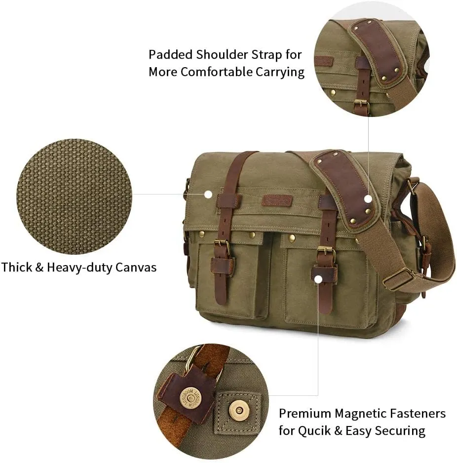 Kattee Military Messenger Bag Canvas Leather Shoulder Bag Fits 14.7/15.6 Inch Laptop