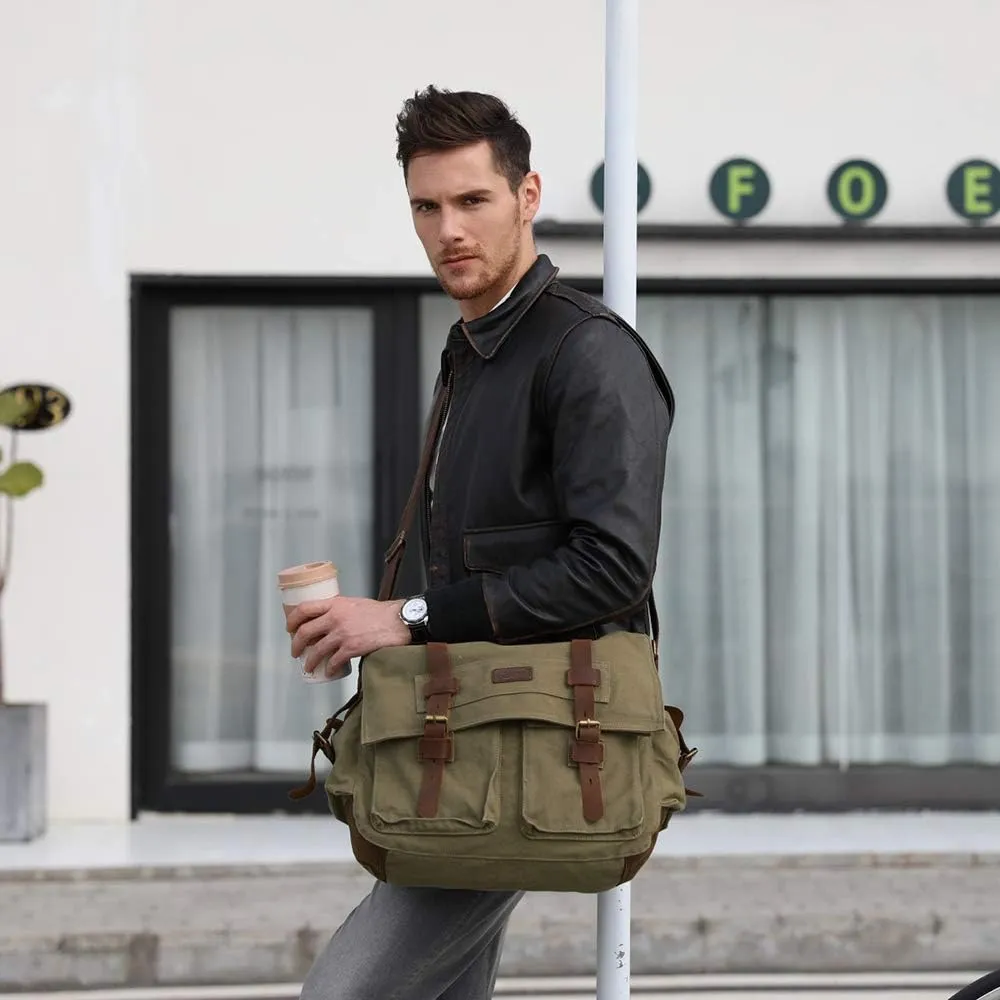 Kattee Military Messenger Bag Canvas Leather Shoulder Bag Fits 14.7/15.6 Inch Laptop