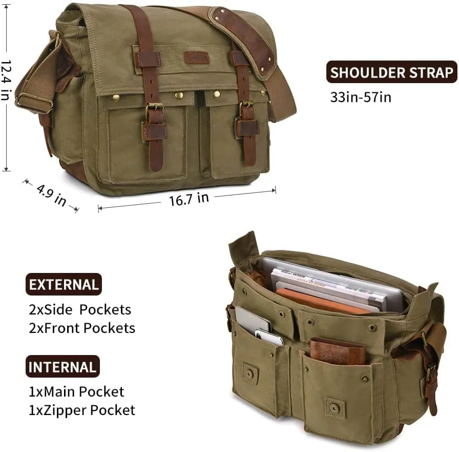 Kattee Military Messenger Bag Canvas Leather Shoulder Bag Fits 14.7/15.6 Inch Laptop