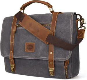 Laptop Messenger bag for Mens 15.6 Inch, Waterproof Vintage Genuine Leather Mens Briefcase shoulder bag 16 Storage Pockets, Waxed Canvas Leather Computer Business Satchel Work Bag (Gray)