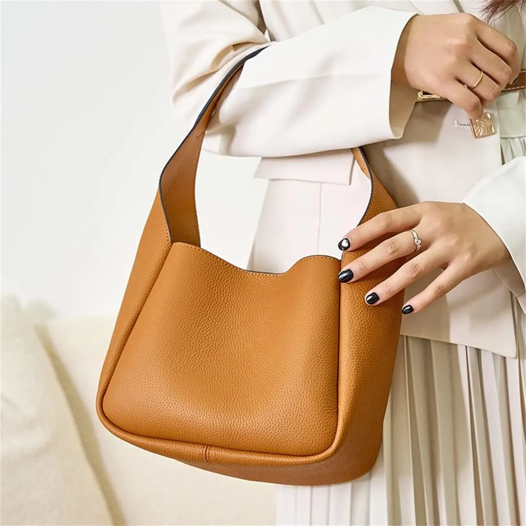 Leather Women's Bag Female Layer Leather Bucket Bag Vegetable Basket Underarm Bag(D)