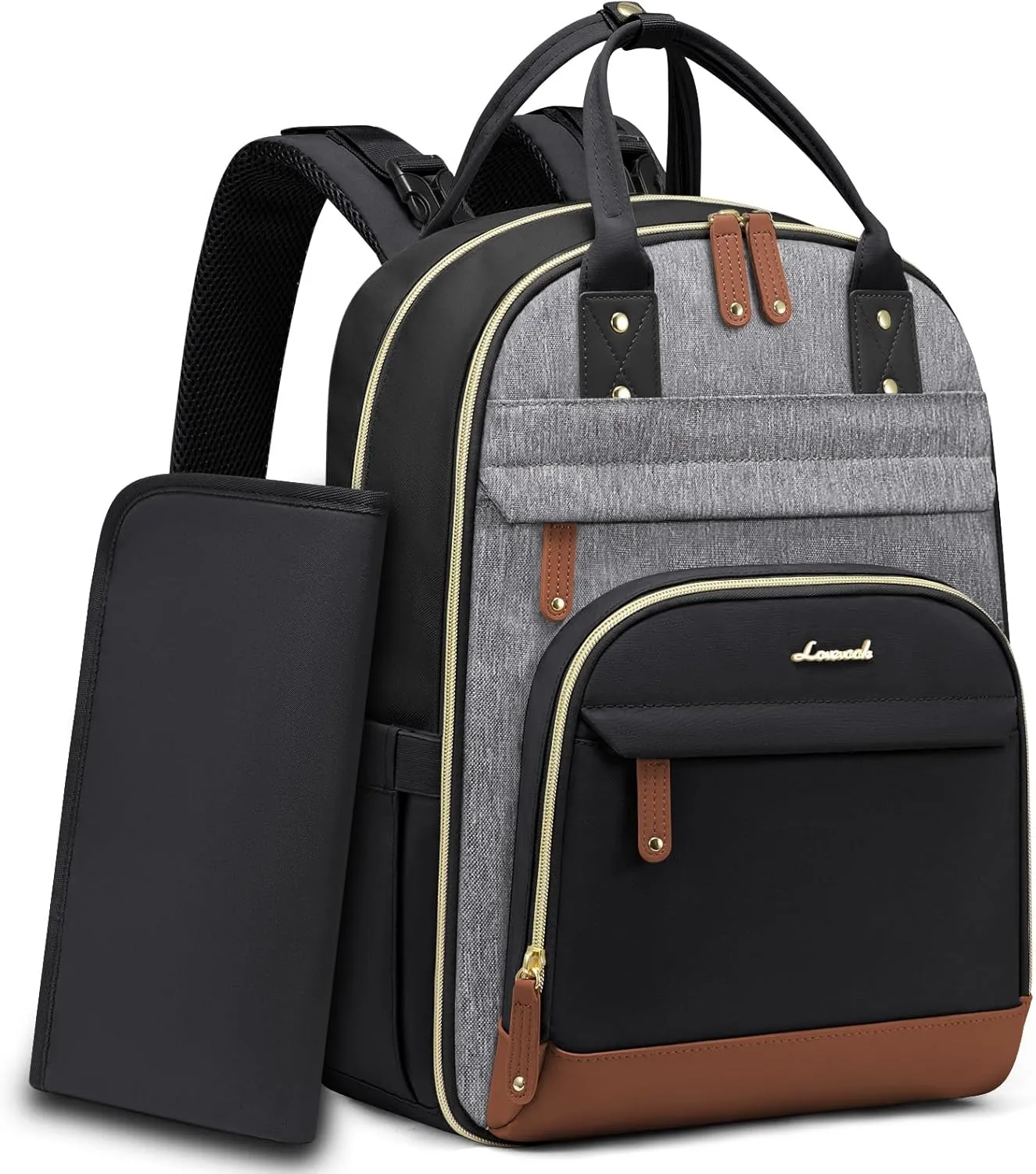 LOVEVOOK Diaper Bag Backpack, Baby Bag with Changing Pad, Large Diaper Backpack Boy Girl, Waterproof Baby Registry Bag for Mom Dad with Stroller Buckles, Black-grey-brown