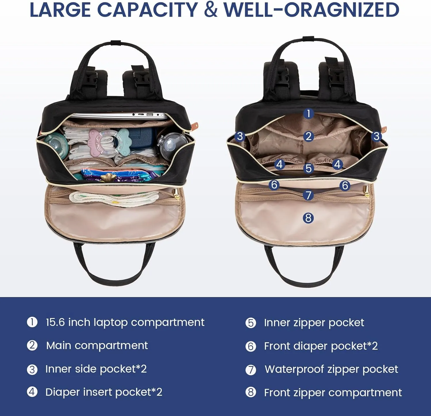 LOVEVOOK Diaper Bag Backpack, Baby Bag with Changing Pad, Large Diaper Backpack Boy Girl, Waterproof Baby Registry Bag for Mom Dad with Stroller Buckles, Black-grey-brown