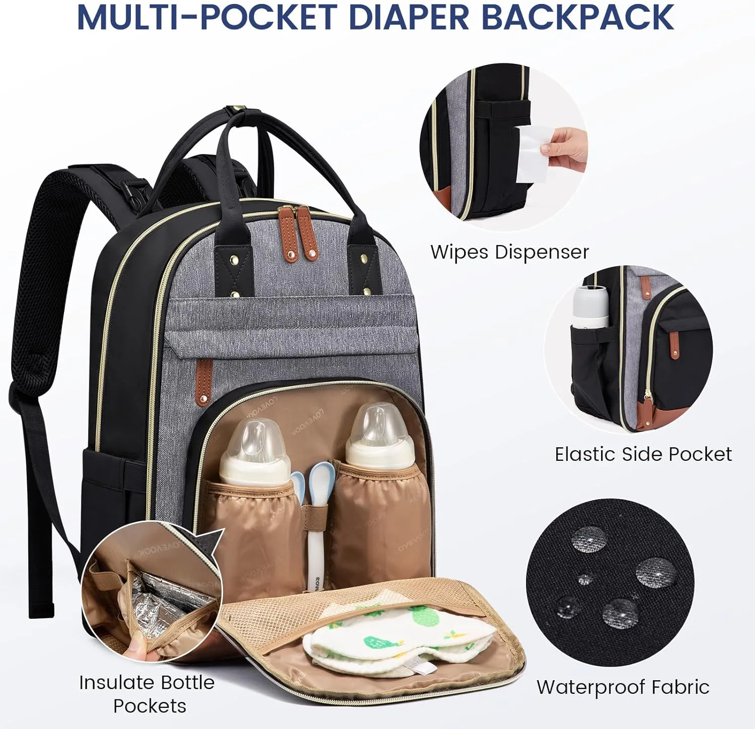 LOVEVOOK Diaper Bag Backpack, Baby Bag with Changing Pad, Large Diaper Backpack Boy Girl, Waterproof Baby Registry Bag for Mom Dad with Stroller Buckles, Black-grey-brown