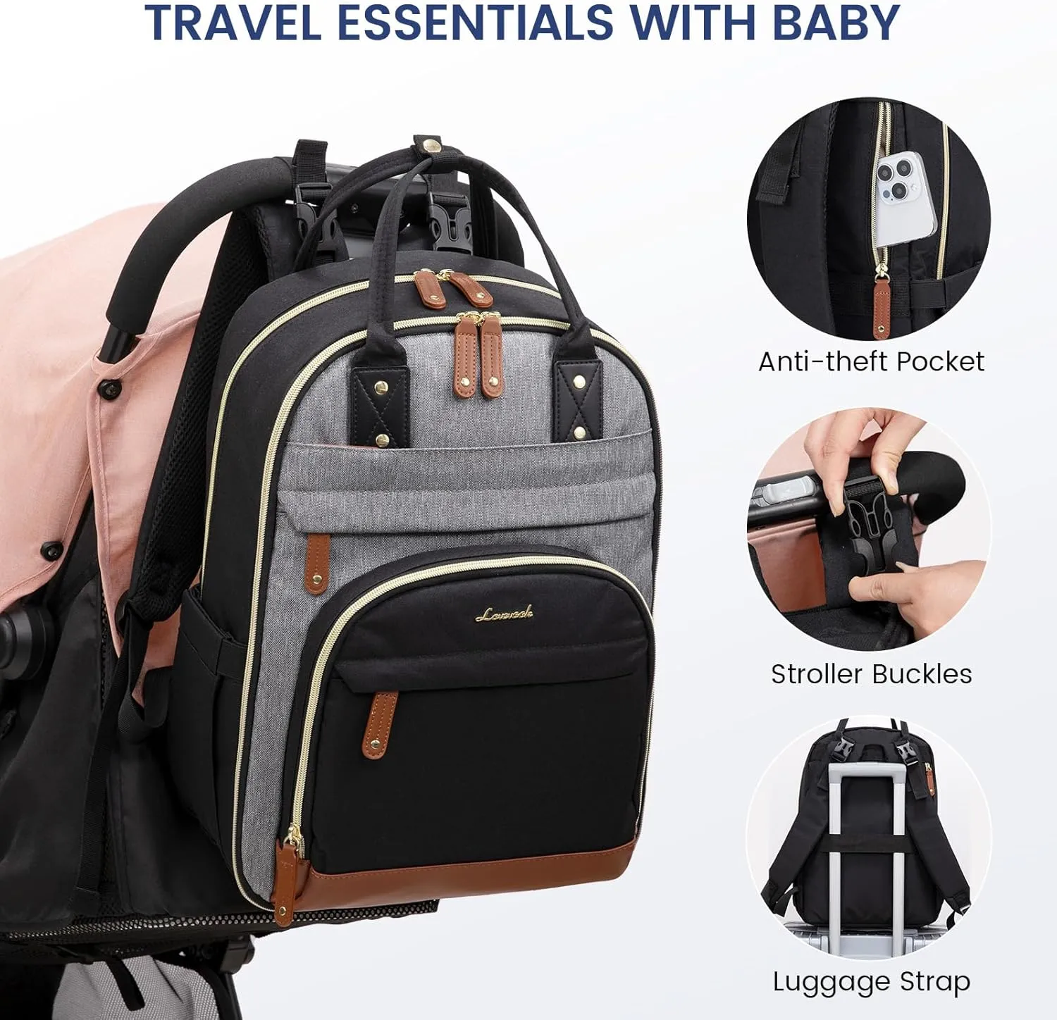 LOVEVOOK Diaper Bag Backpack, Baby Bag with Changing Pad, Large Diaper Backpack Boy Girl, Waterproof Baby Registry Bag for Mom Dad with Stroller Buckles, Black-grey-brown
