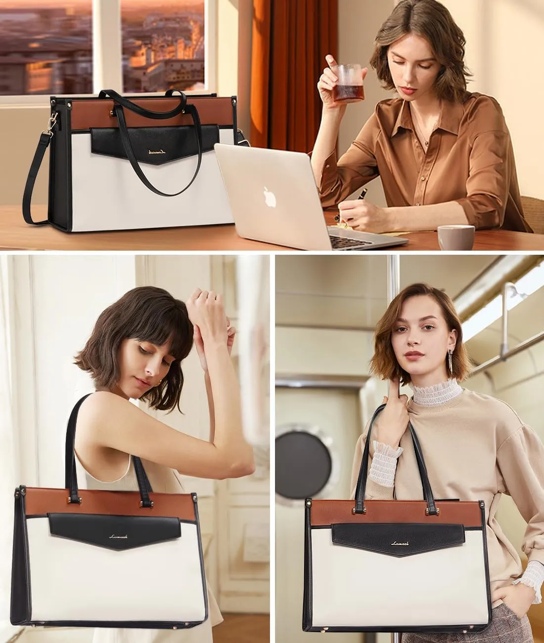 LOVEVOOK Laptop Bag for Women, 17.3'' Laptop Tote Purse 2-in-1 Professional Work Bag Business Briefcase with Clutch Purse, Waterproof Leather Computer Handbag for Teacher Office Travel