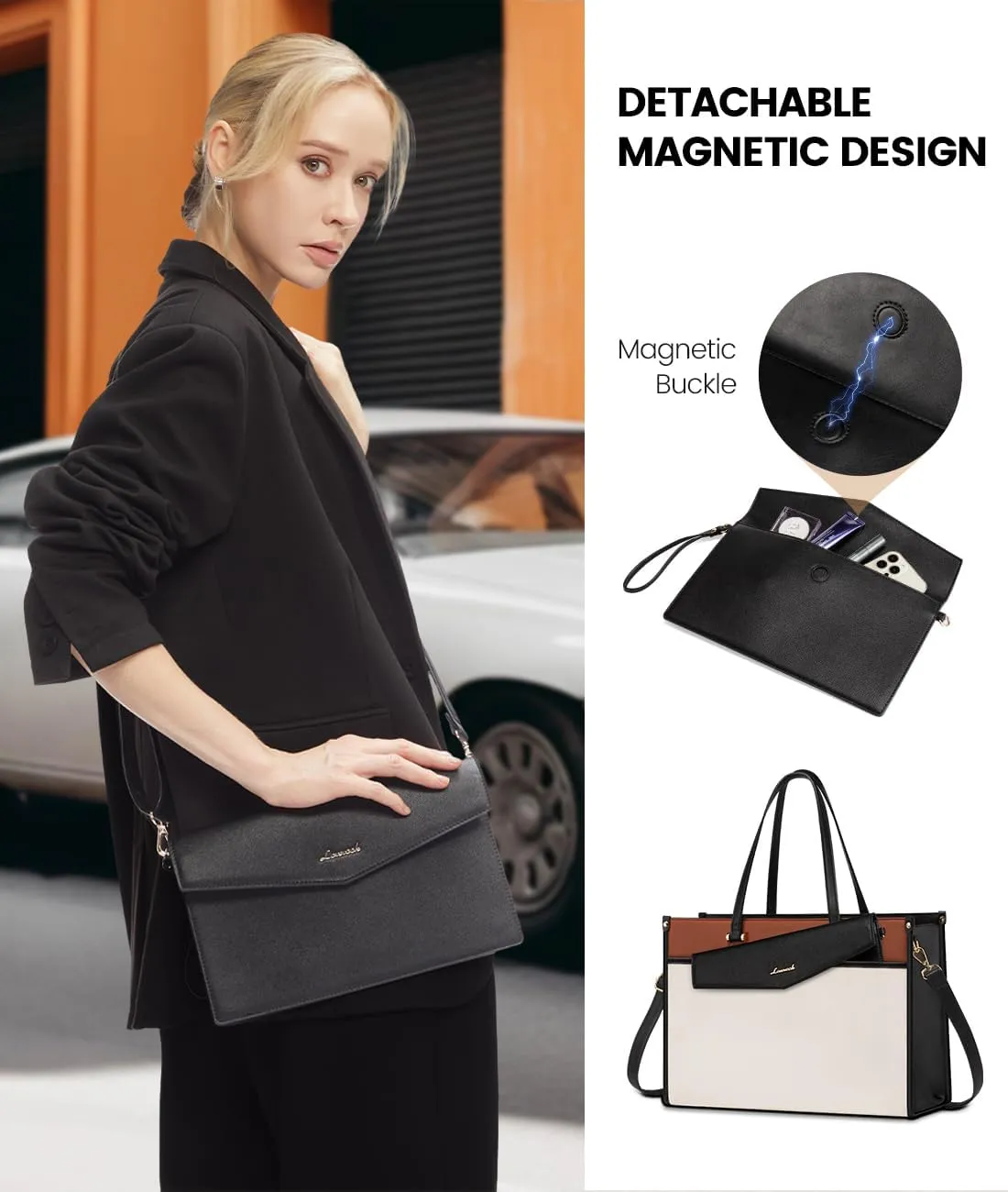 LOVEVOOK Laptop Bag for Women, 17.3'' Laptop Tote Purse 2-in-1 Professional Work Bag Business Briefcase with Clutch Purse, Waterproof Leather Computer Handbag for Teacher Office Travel