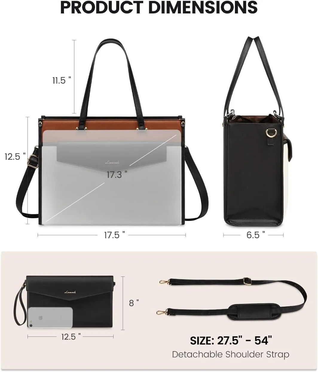 LOVEVOOK Laptop Bag for Women, 17.3'' Laptop Tote Purse 2-in-1 Professional Work Bag Business Briefcase with Clutch Purse, Waterproof Leather Computer Handbag for Teacher Office Travel