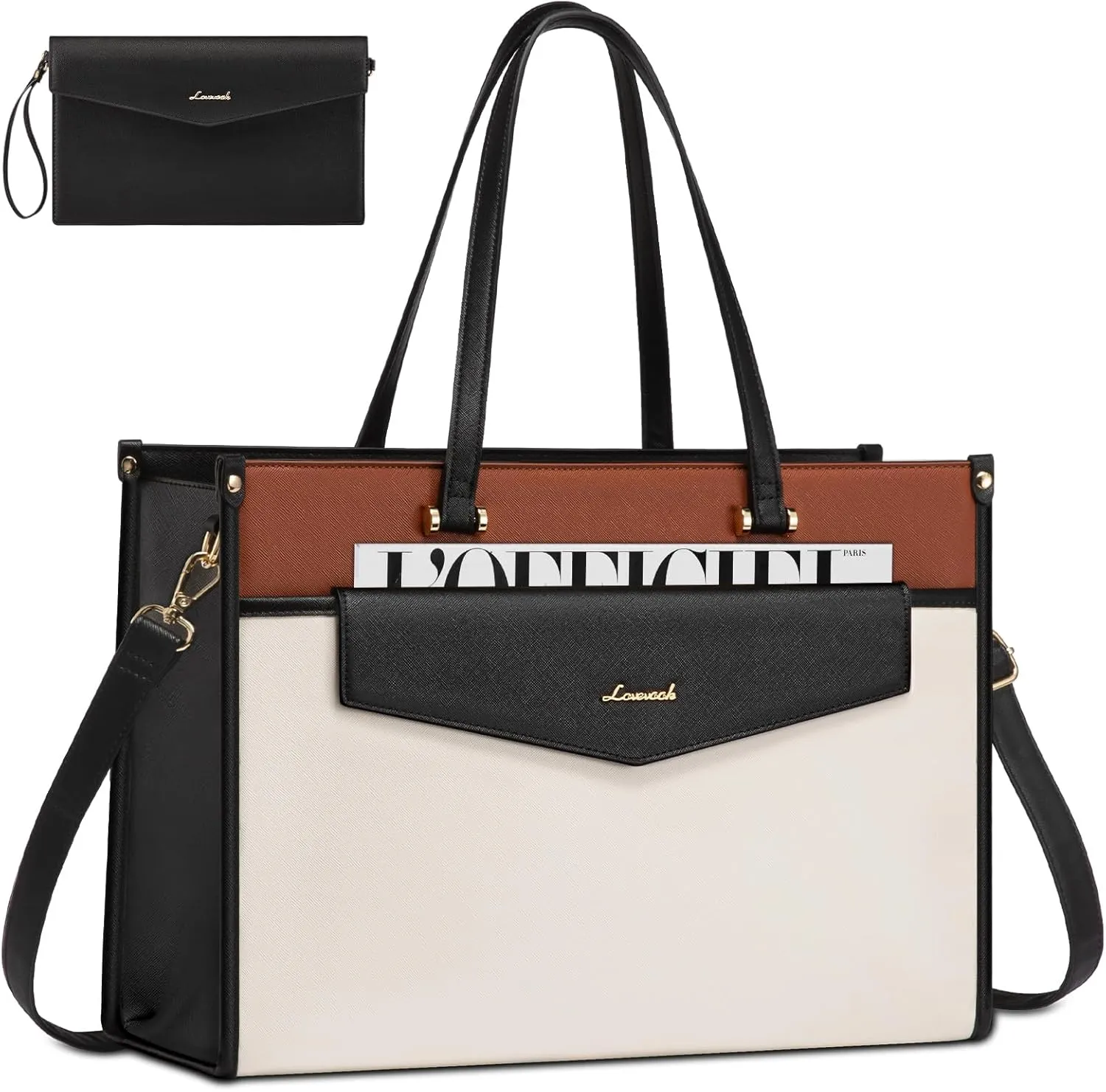 LOVEVOOK Laptop Bag for Women, 17.3'' Laptop Tote Purse 2-in-1 Professional Work Bag Business Briefcase with Clutch Purse, Waterproof Leather Computer Handbag for Teacher Office Travel