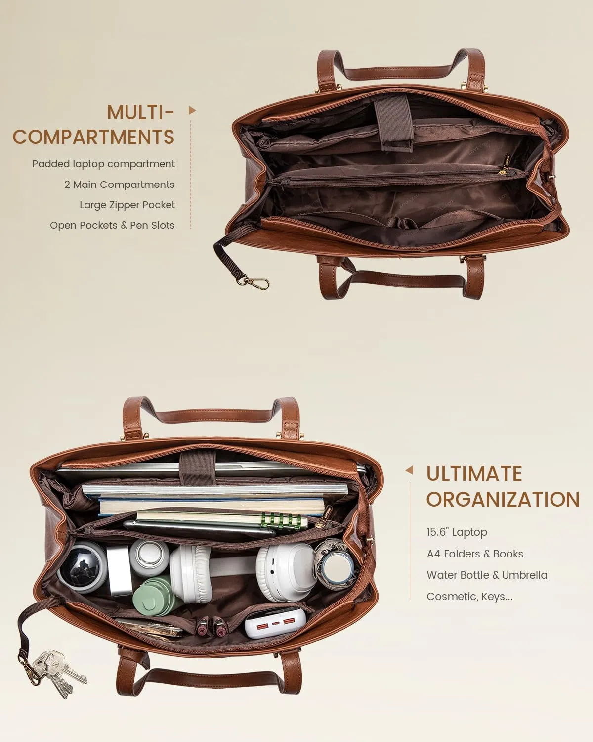 LOVEVOOK Work Tote Bag for Women, Vintage Leather Laptop Bag Teacher Tote Bag, Professional 15.6 Inch Computer Bag, Large Tote Purse Handbag With Laptop Compartment, Dark Brown