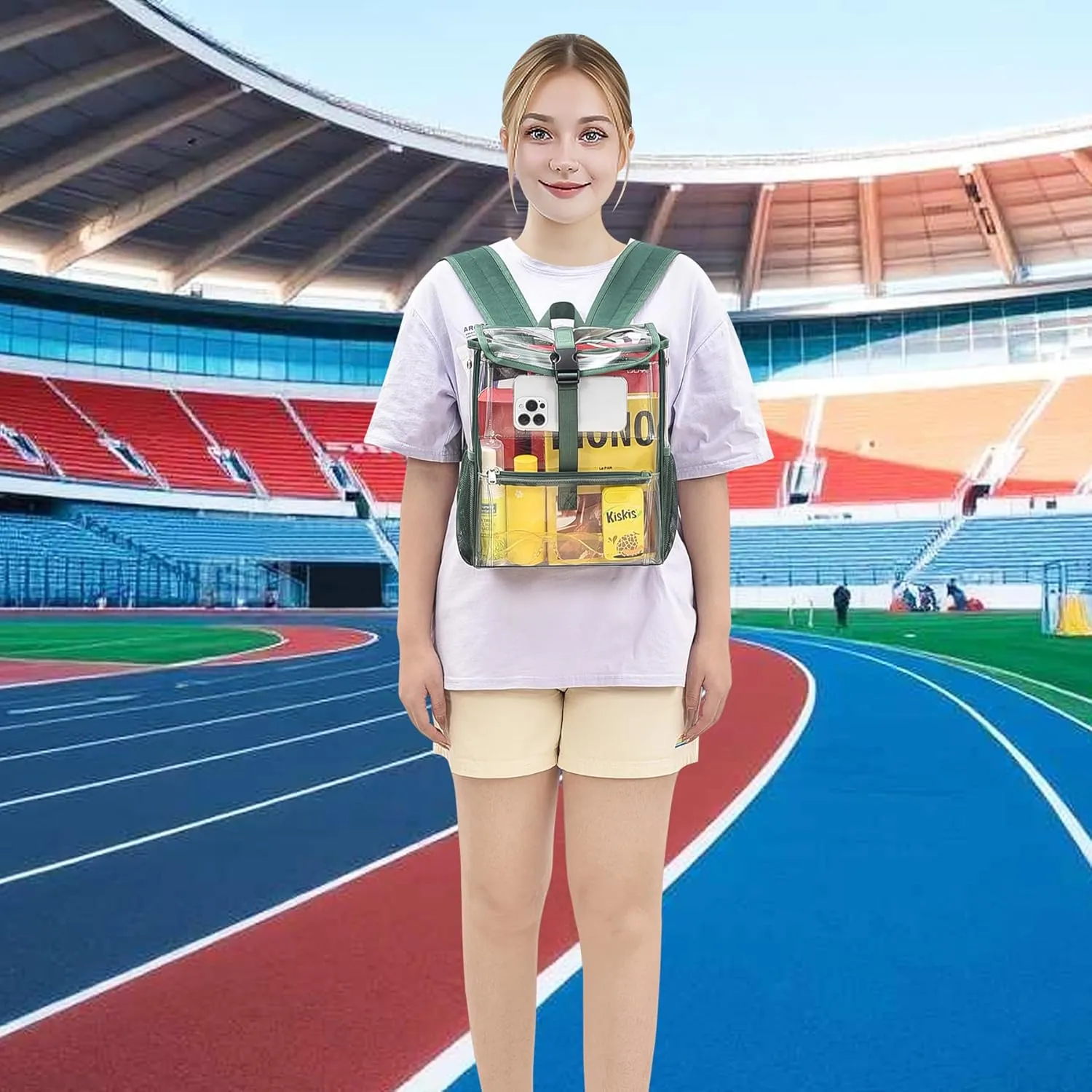 Mildbeer Clear Backpack for Stadium Events, Concerts & Travel - 12x12x6 Compact Green PVC Backpack with Multi-Pocket Design
