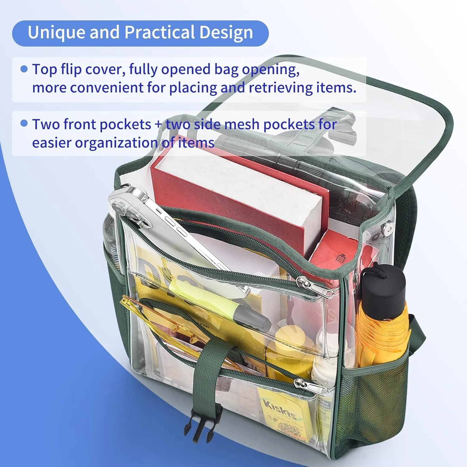Mildbeer Clear Backpack for Stadium Events, Concerts & Travel - 12x12x6 Compact Green PVC Backpack with Multi-Pocket Design