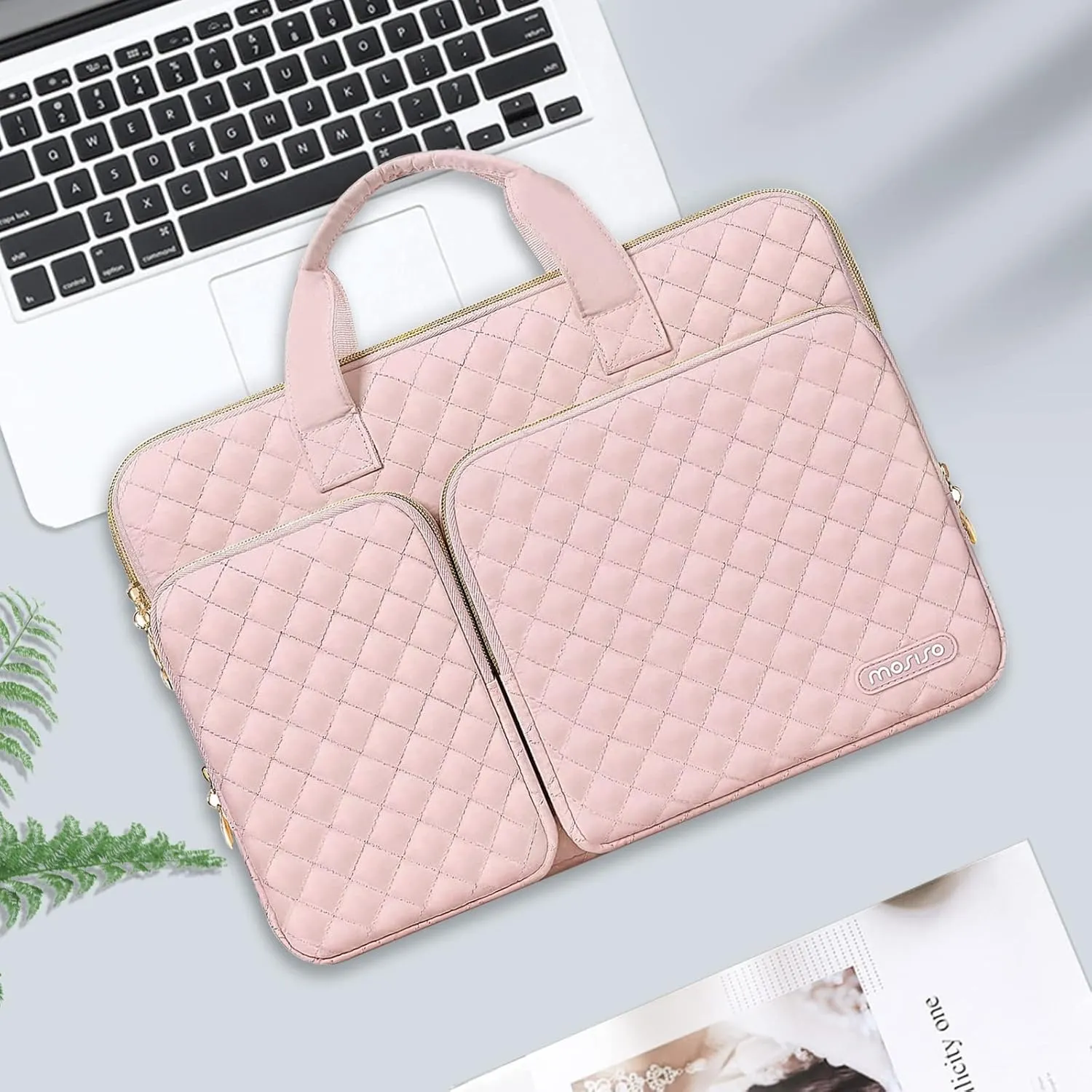 MOSISO 360 Protective Laptop Case 13 inch, 13 inch Laptop Sleeve Compatible with MacBook Air M4 M3 M2 M1 2025-2018/Pro M2 M1 2025-2016,Square Quilted Bag Cover with 2 Pockets&Handle&Belt, Chalk Pink
