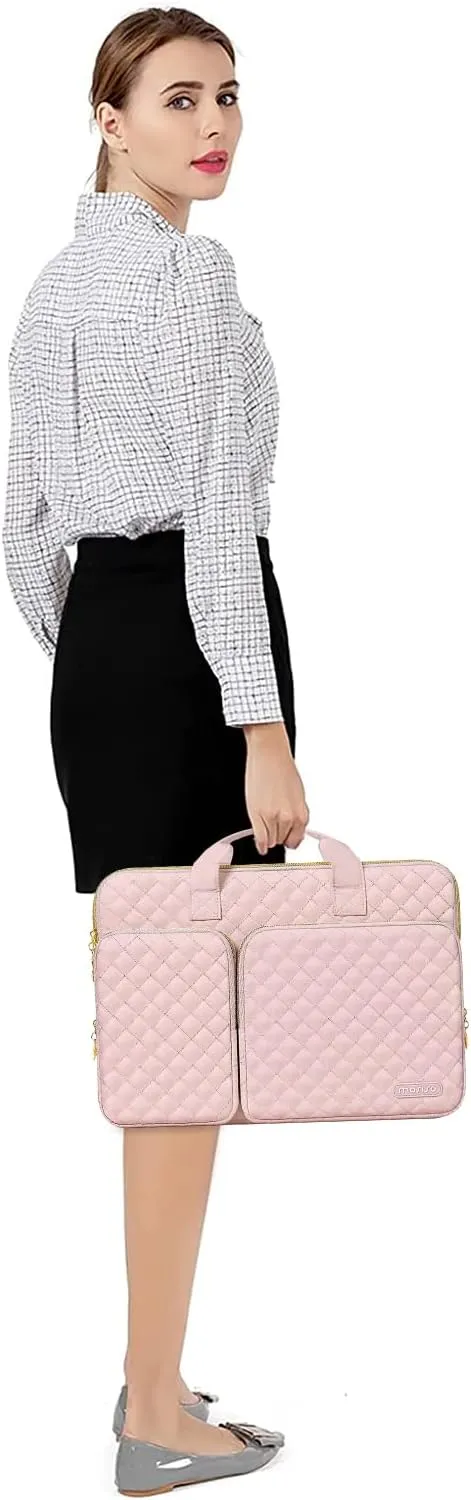 MOSISO 360 Protective Laptop Case 13 inch, 13 inch Laptop Sleeve Compatible with MacBook Air M4 M3 M2 M1 2025-2018/Pro M2 M1 2025-2016,Square Quilted Bag Cover with 2 Pockets&Handle&Belt, Chalk Pink