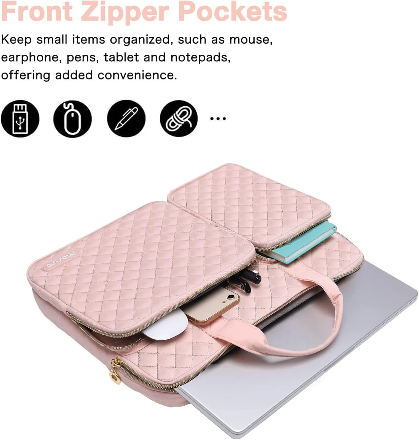 MOSISO 360 Protective Laptop Case 13 inch, 13 inch Laptop Sleeve Compatible with MacBook Air M4 M3 M2 M1 2025-2018/Pro M2 M1 2025-2016,Square Quilted Bag Cover with 2 Pockets&Handle&Belt, Chalk Pink