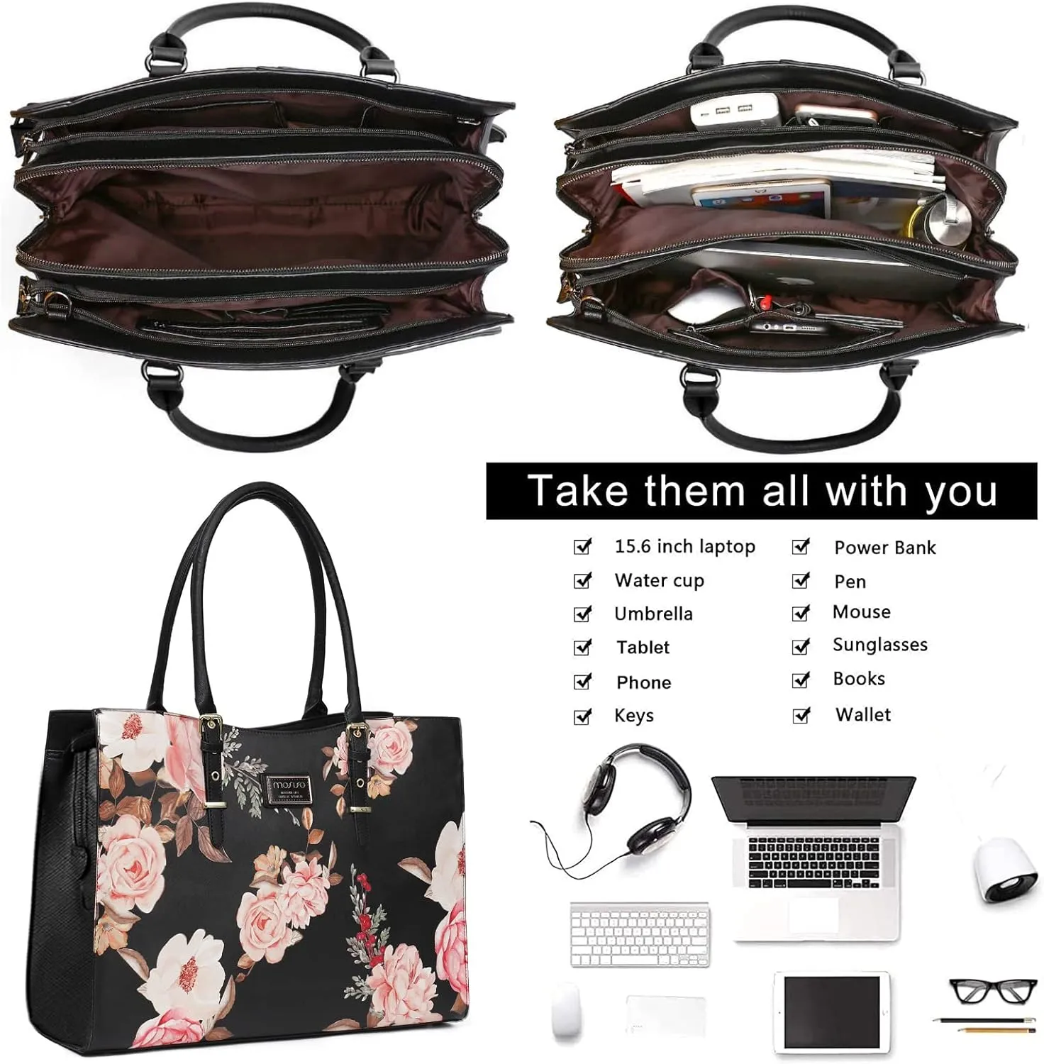 MOSISO Laptop Tote Bag Compatible with MacBook Air 15 inch M3 M2/Pro 16 M4 M3 M2 M1 & 15-15.6 inch Notebook, Peony Waterproof PU Leather Travel Work Briefcase with Adjustable PU Handle, Black
