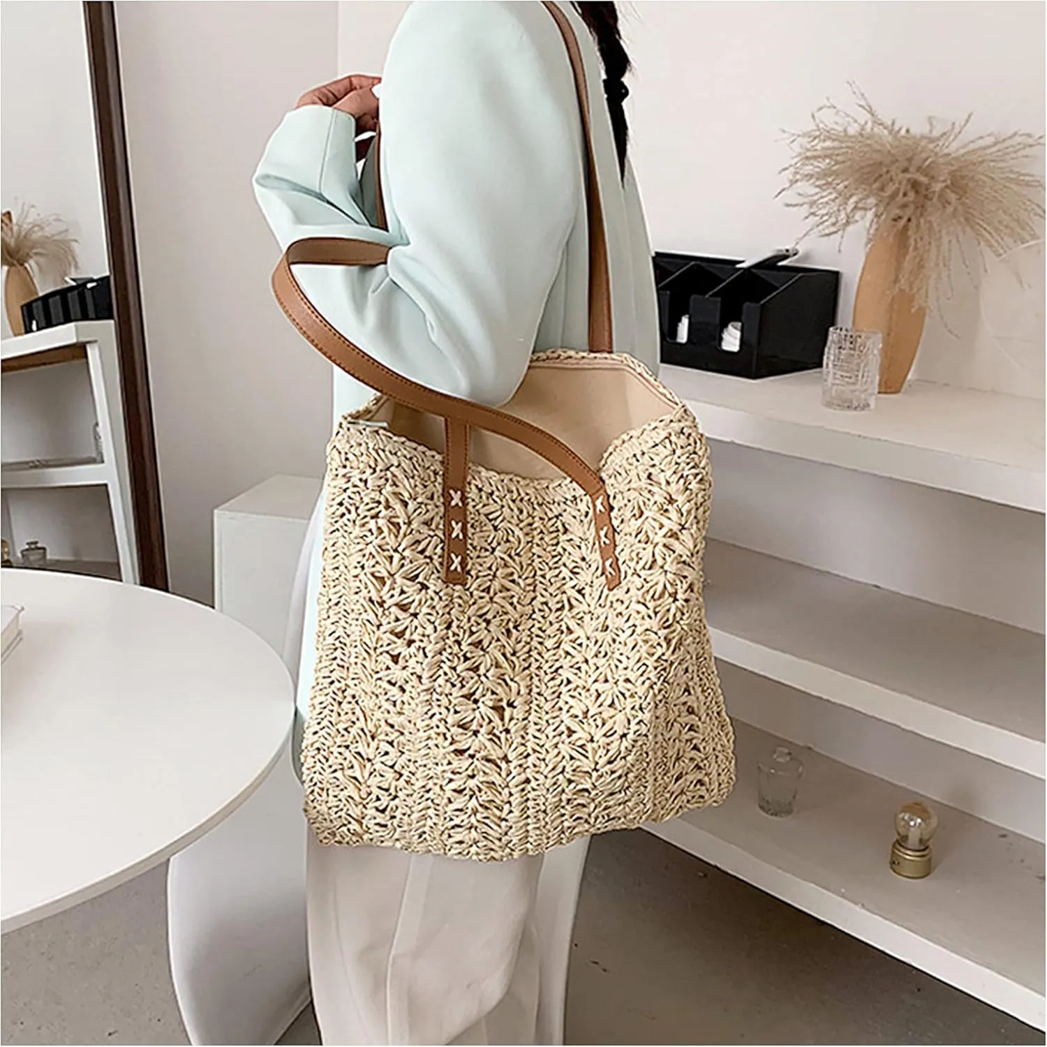 Naimo Women Straw Beach Shoulder Bag Woven Tote Handbag Large Handmade Weaving Summer Casual Hobo Bag