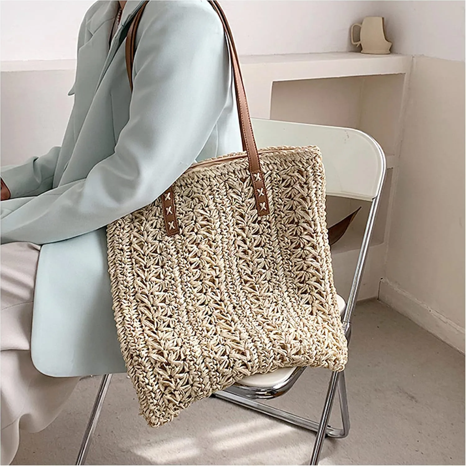 Naimo Women Straw Beach Shoulder Bag Woven Tote Handbag Large Handmade Weaving Summer Casual Hobo Bag