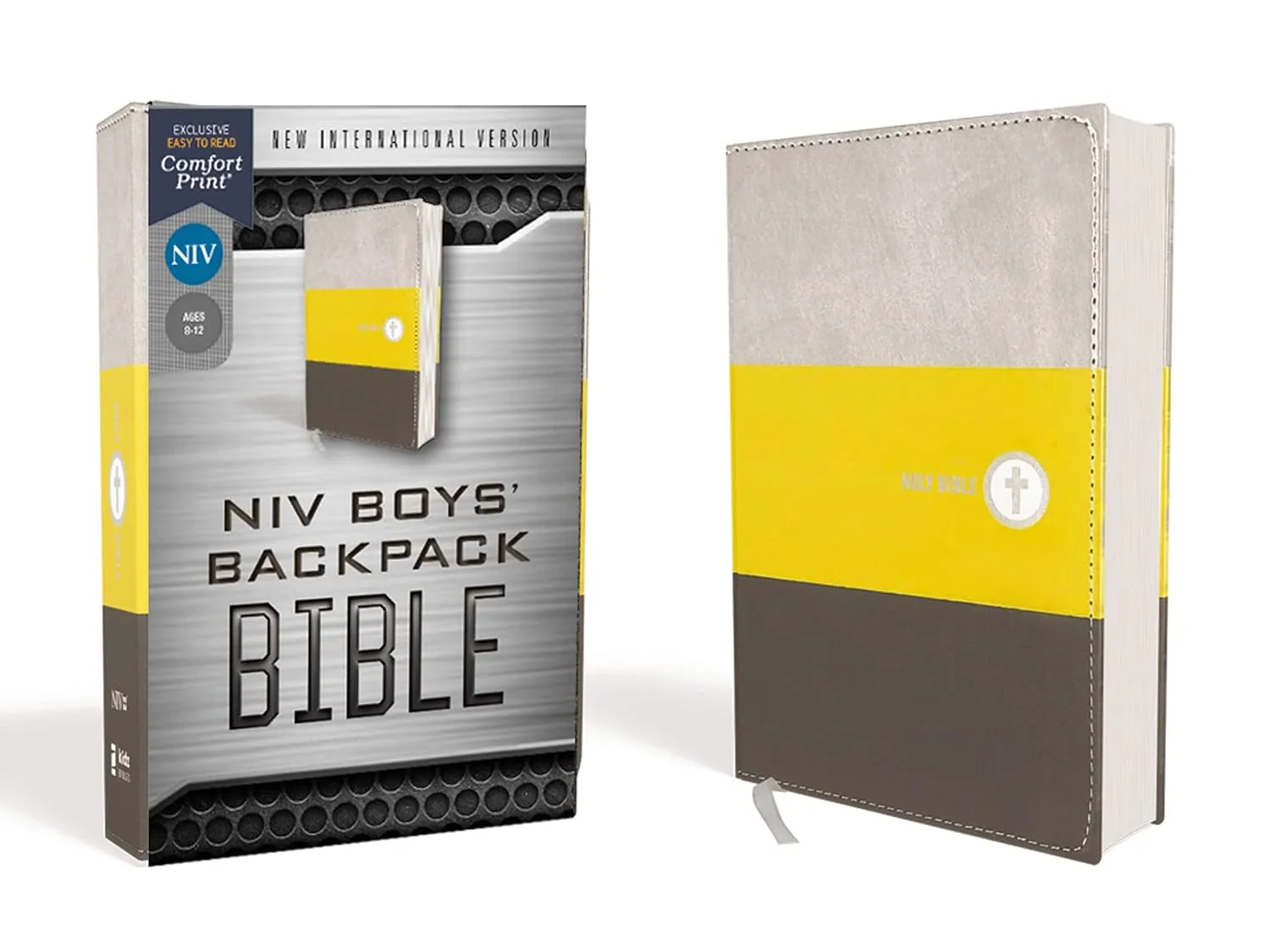 NIV, Boys' Backpack Bible, Compact, Leathersoft, Yellow/Gray, Red Letter, Comfort Print Imitation Leather  July 7, 2020