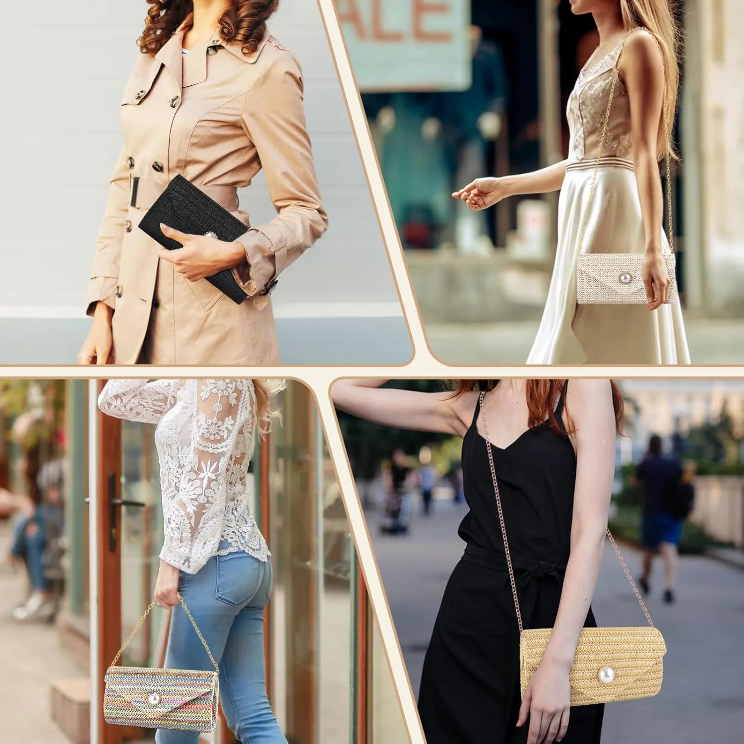 PACETAP Straw Clutch Purse for Women, Pearl Decoration Boho Crossbody Bags Handbags for Beach Travel Vacation Party Prom