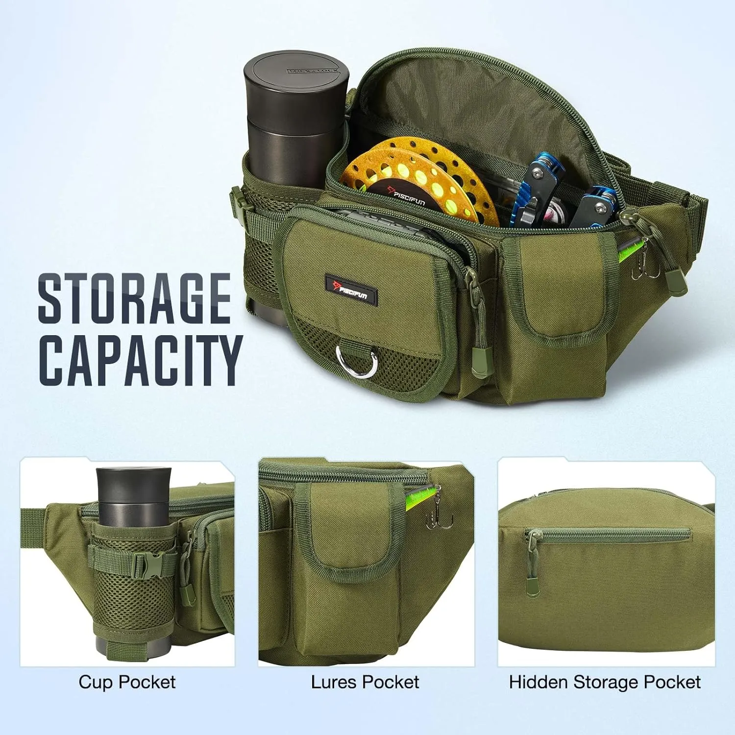 Piscifun Fishing Tackle Bag with Adjustable Waist Strap, Portable Multi-function Fanny Fishing Storage Pack, Water-Resistant Outdoor Fly Fishing Bag, Multiple Colors Available Small Fishing Bag