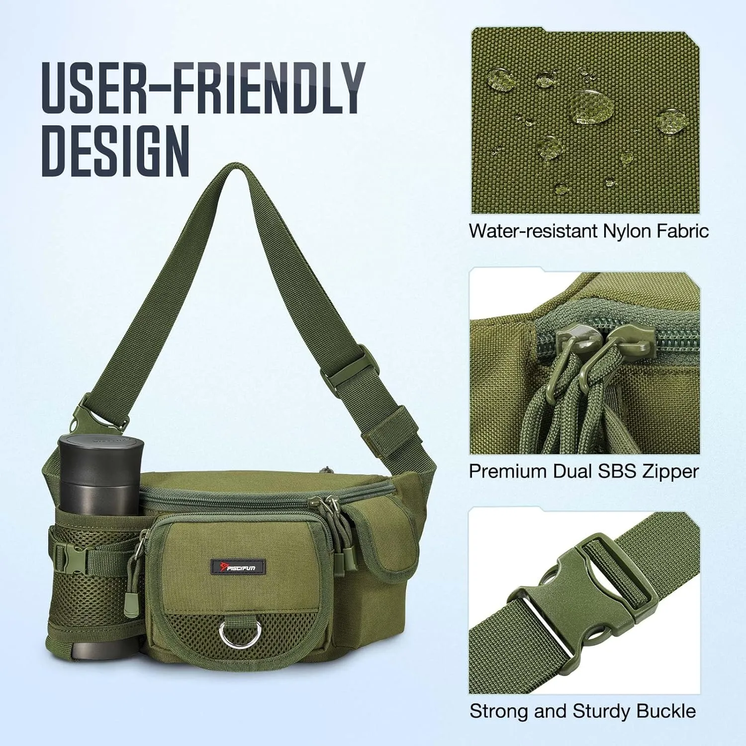Piscifun Fishing Tackle Bag with Adjustable Waist Strap, Portable Multi-function Fanny Fishing Storage Pack, Water-Resistant Outdoor Fly Fishing Bag, Multiple Colors Available Small Fishing Bag