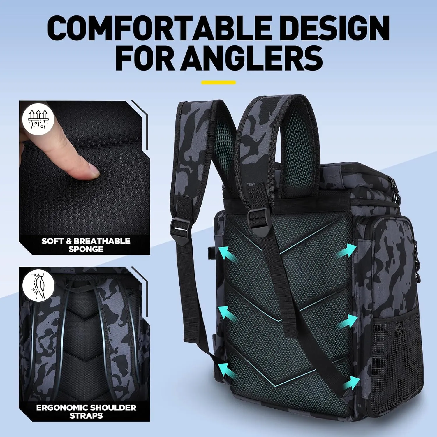 PLUSINNO Fishing Backpack with Rod Holders Tackle Box, 42L Large Water-resistant Fishing Tackle Bag Store Fishing Gear
