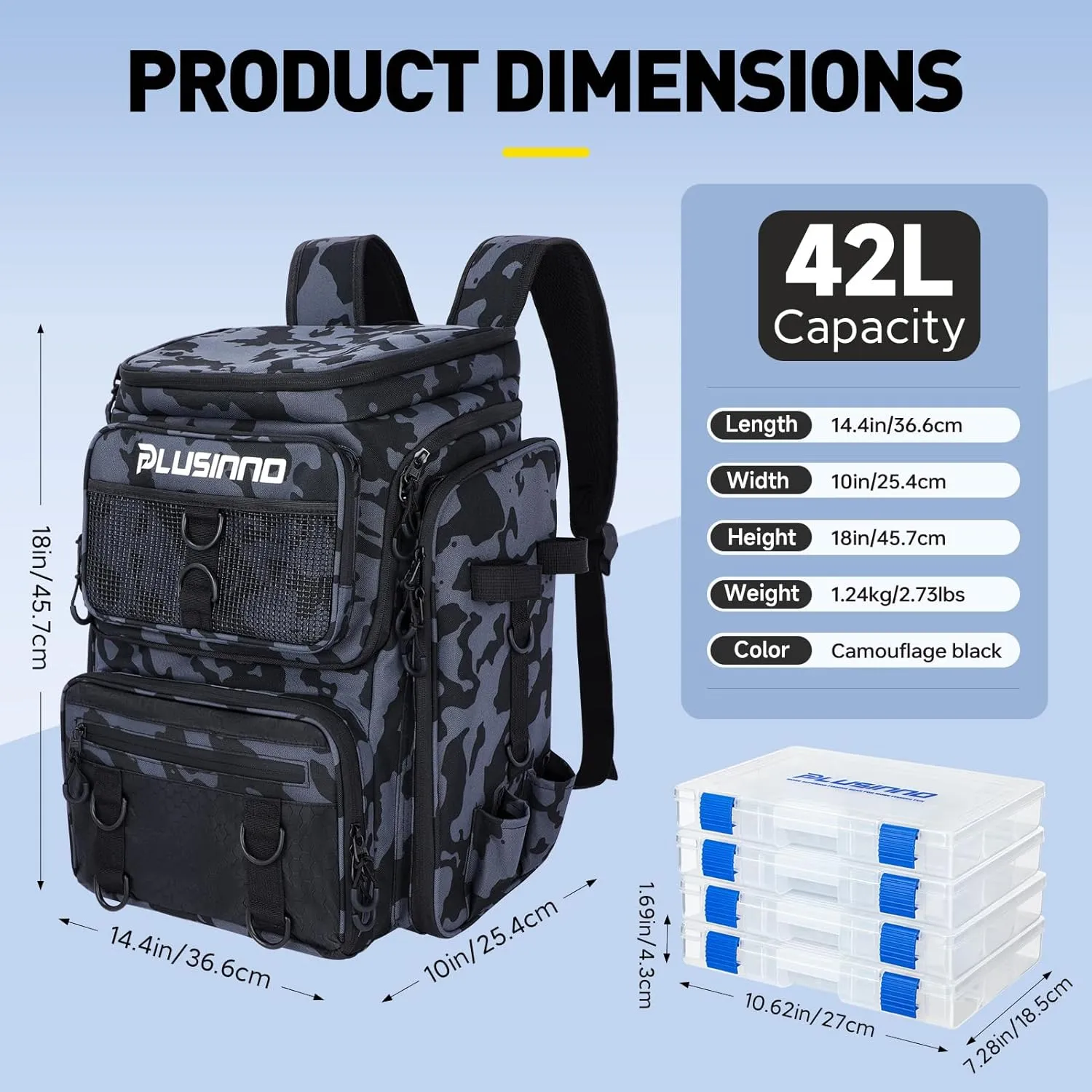 PLUSINNO Fishing Backpack with Rod Holders Tackle Box, 42L Large Water-resistant Fishing Tackle Bag Store Fishing Gear