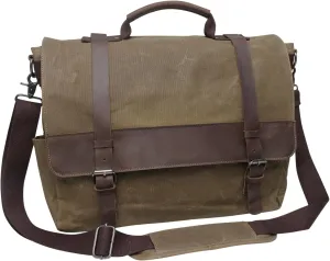 Preferred Nation Waxed Canvas Men's Messenger Shoulder Briefcase 15.6 inch laptop bag Waterproof Vintage Genuine Leather trim Rugged Satchel Trolley strap fits over luggage handle