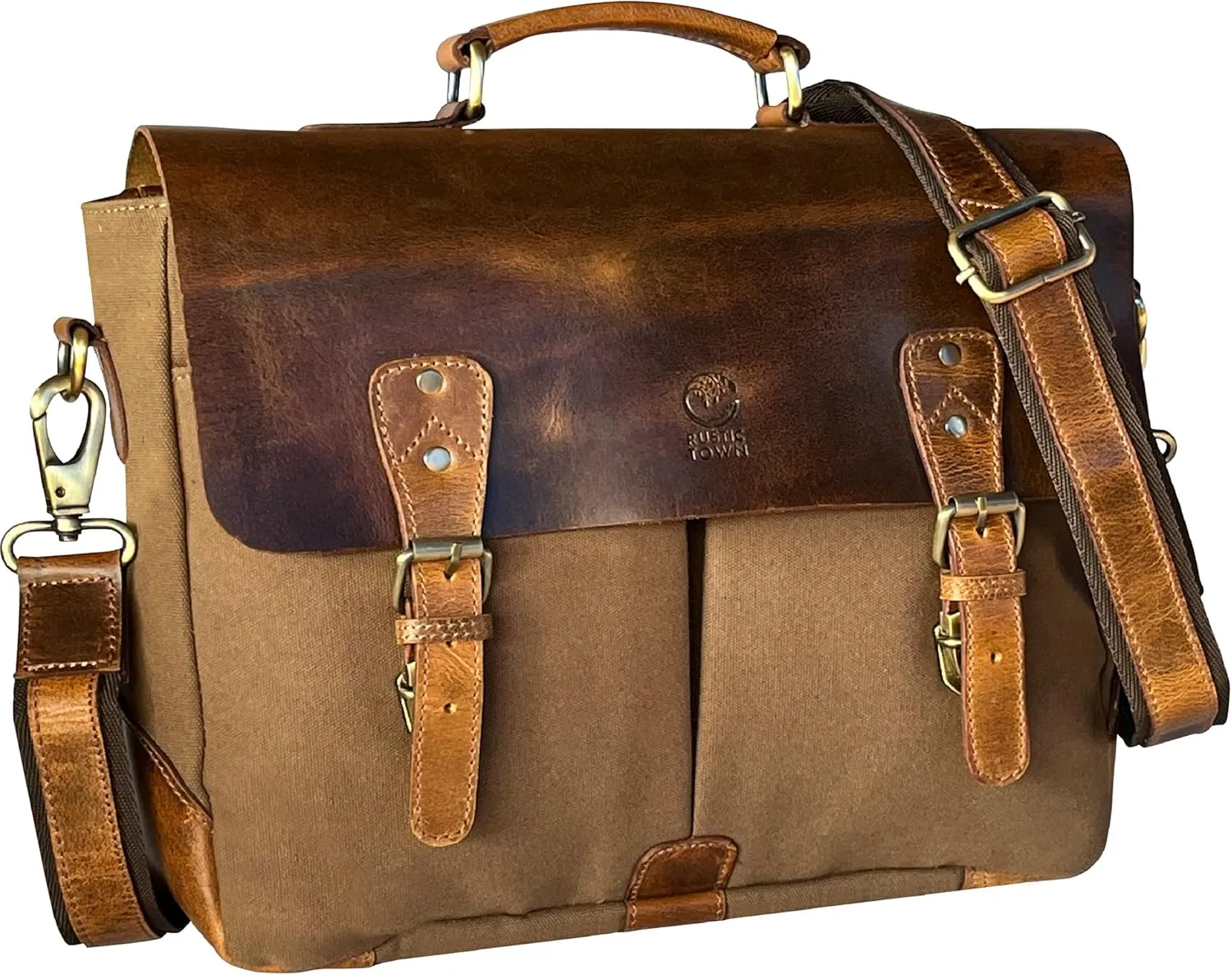 RUSTIC TOWN Leather Canvas Messenger Bag for Men Women - Vintage Laptop Satchel Leather Briefcase (15 Inch, Olive Green)